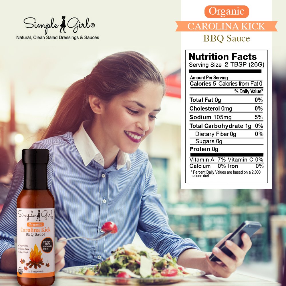 Simple Girl Carolina Style BBQ Sauce - Low Calorie, Sugar-Free, Vegan Friendly, Gluten Free, Fat Free, MSG Free - 12 oz Bottle (2 Pack)