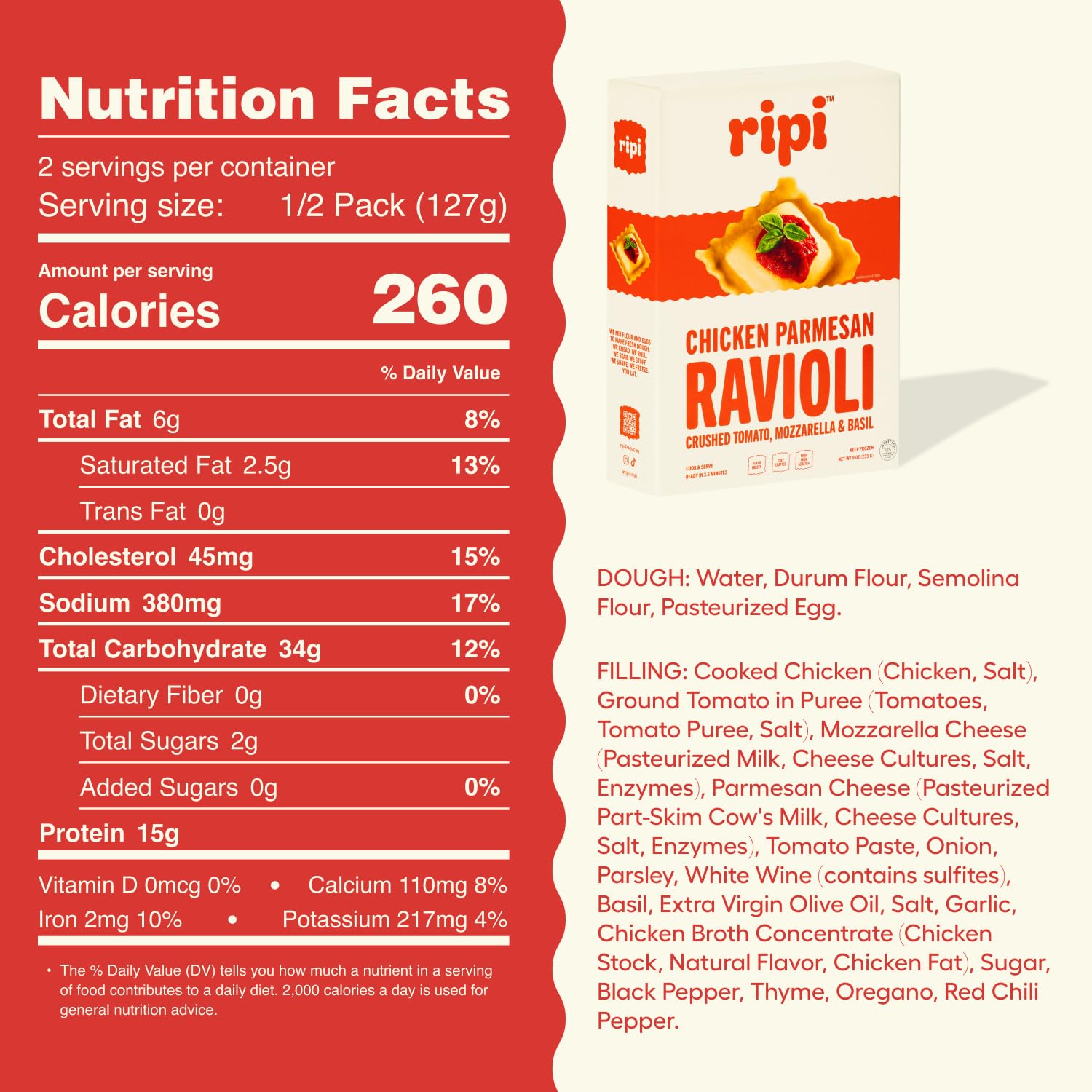 Ripi Chicken Parmesan Ravioli - Crushed Tomatoes, Mozzarella & Basil - Frozen Pasta Meal - Ready in Under 5 Minutes, 9oz packs (12 Pack, Chicken