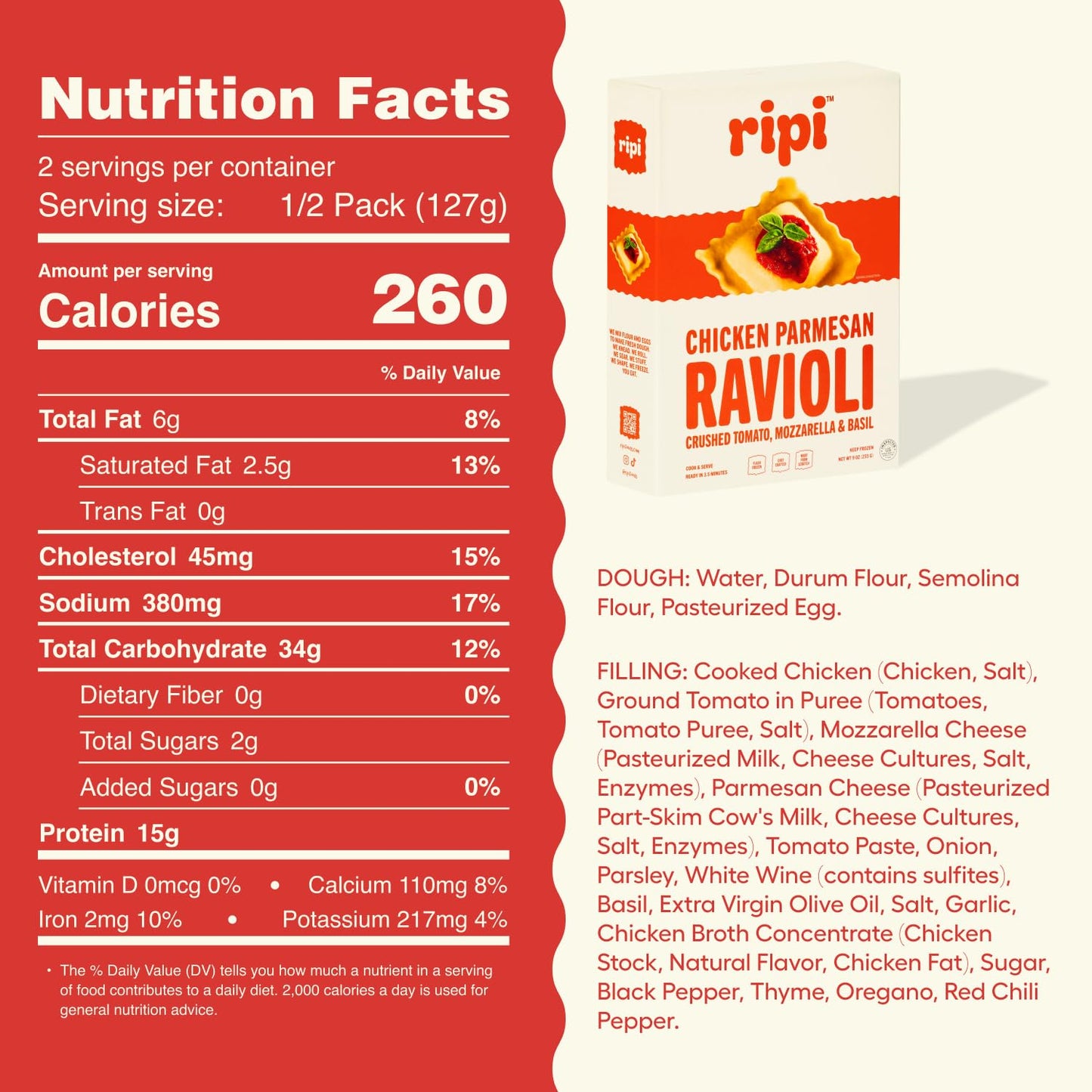 Ripi Chicken Parmesan Ravioli - Crushed Tomatoes, Mozzarella & Basil - Frozen Pasta Meal - Ready in Under 5 Minutes, 9oz packs (6 Pack, Chicken