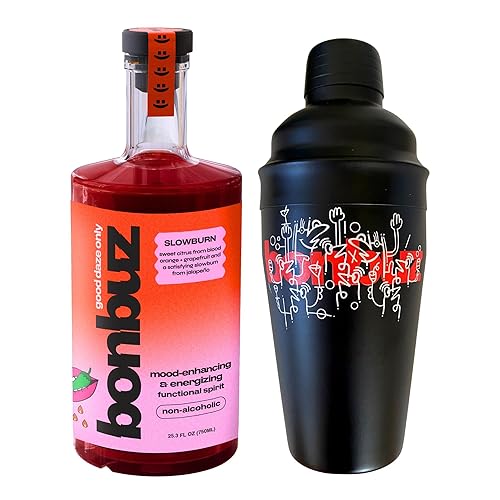Bonbuz Alcohol Free Alchemy Spirit - 750ml, Non Alcoholic, Low Calorie, Keto, Gluten-Free, Sugar-Free Liquor Replacement, Slowburn + Cocktail Shaker