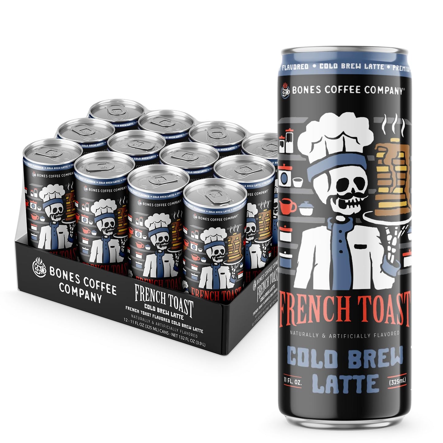 Bones Coffee Company French Toast Latte Sweet and Buttery Flavored Coffee, Medium Roast Ready To Drink Iced Coffee in Can, 11 Fl Oz Can (12 Pack)