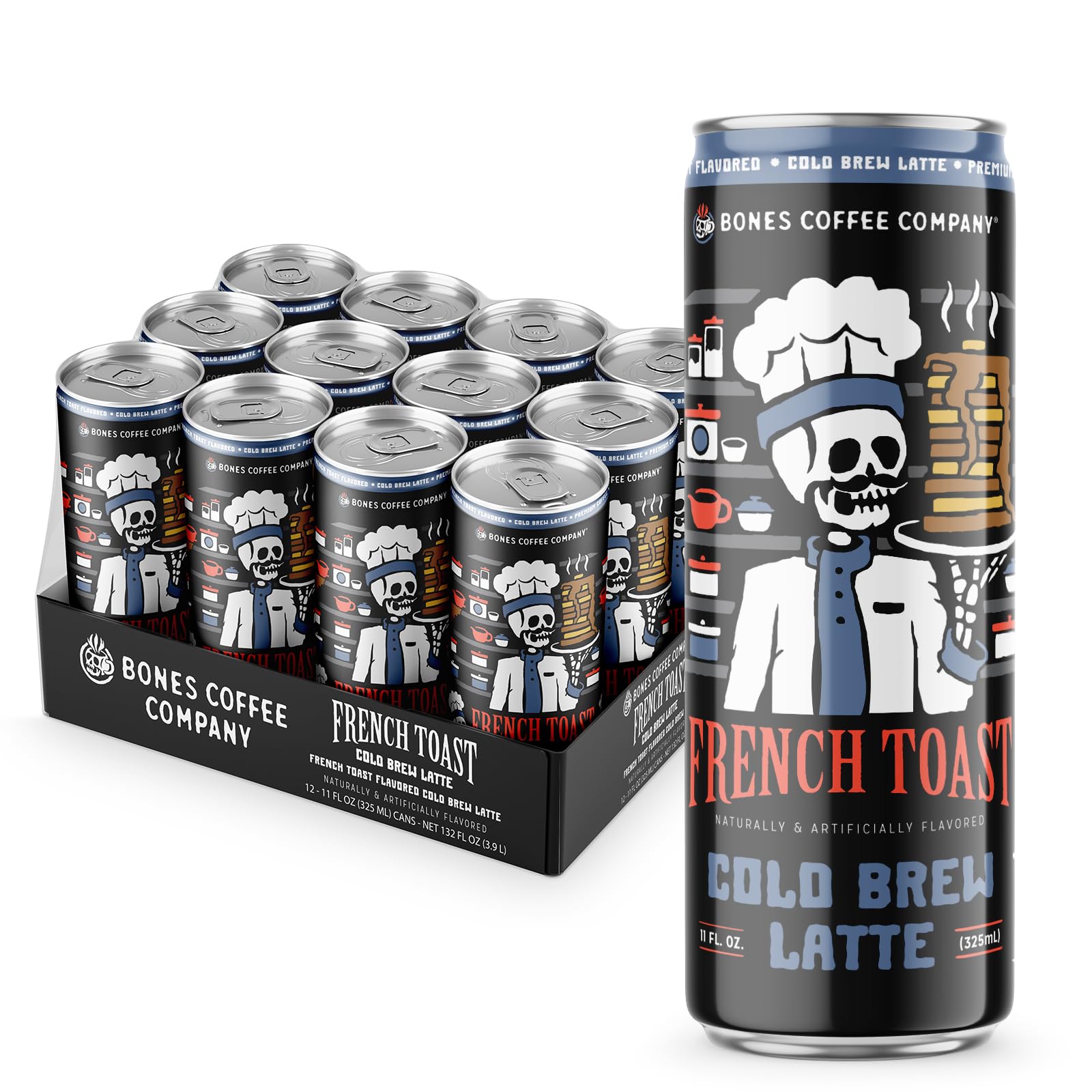 Bones Coffee Company French Toast Latte Sweet and Buttery Flavored Coffee, Medium Roast Ready To Drink Iced Coffee in Can, 11 Fl Oz Can (12 Pack)