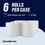 Cascades PRO Select Centerpull Hand Towel 2-Ply - Center Pull Paper Towel for Dispensers - Universal Fit - Premium Bulk - 600 Sheets/Roll, 6 Rolls