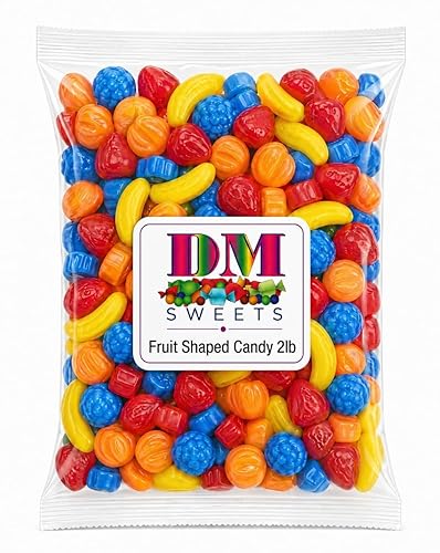 Fruit Shaped Hard Crunchy Candy - 2 lbs Bulk Bag Banana Strawberry Peach Blueberry Assorted Chewy Sweet Mix. Great for Vending Machines