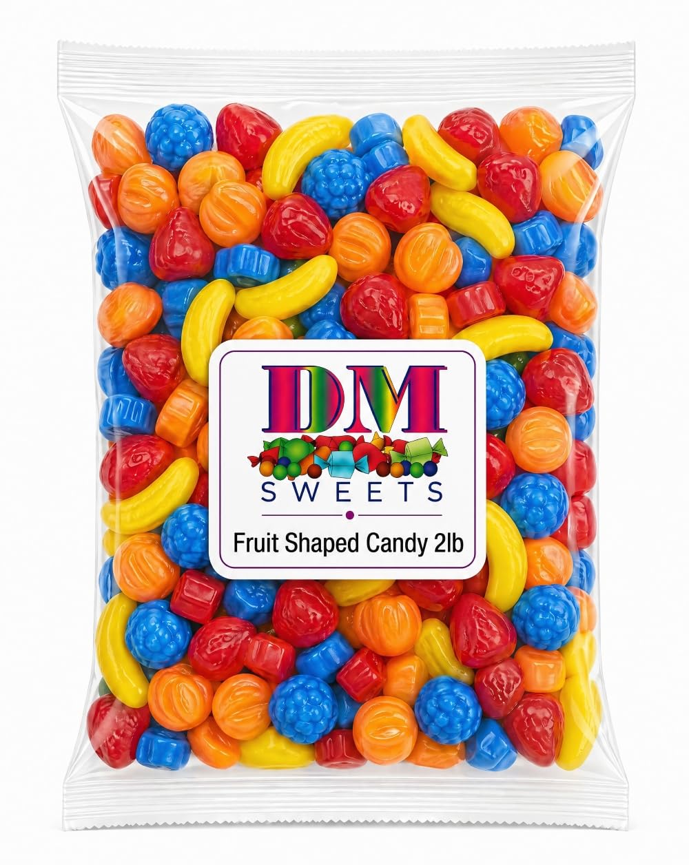 Fruit Shaped Hard Crunchy Candy - 2 lbs Bulk Bag Banana Strawberry Peach Blueberry Assorted Chewy Sweet Mix. Great for Vending Machines