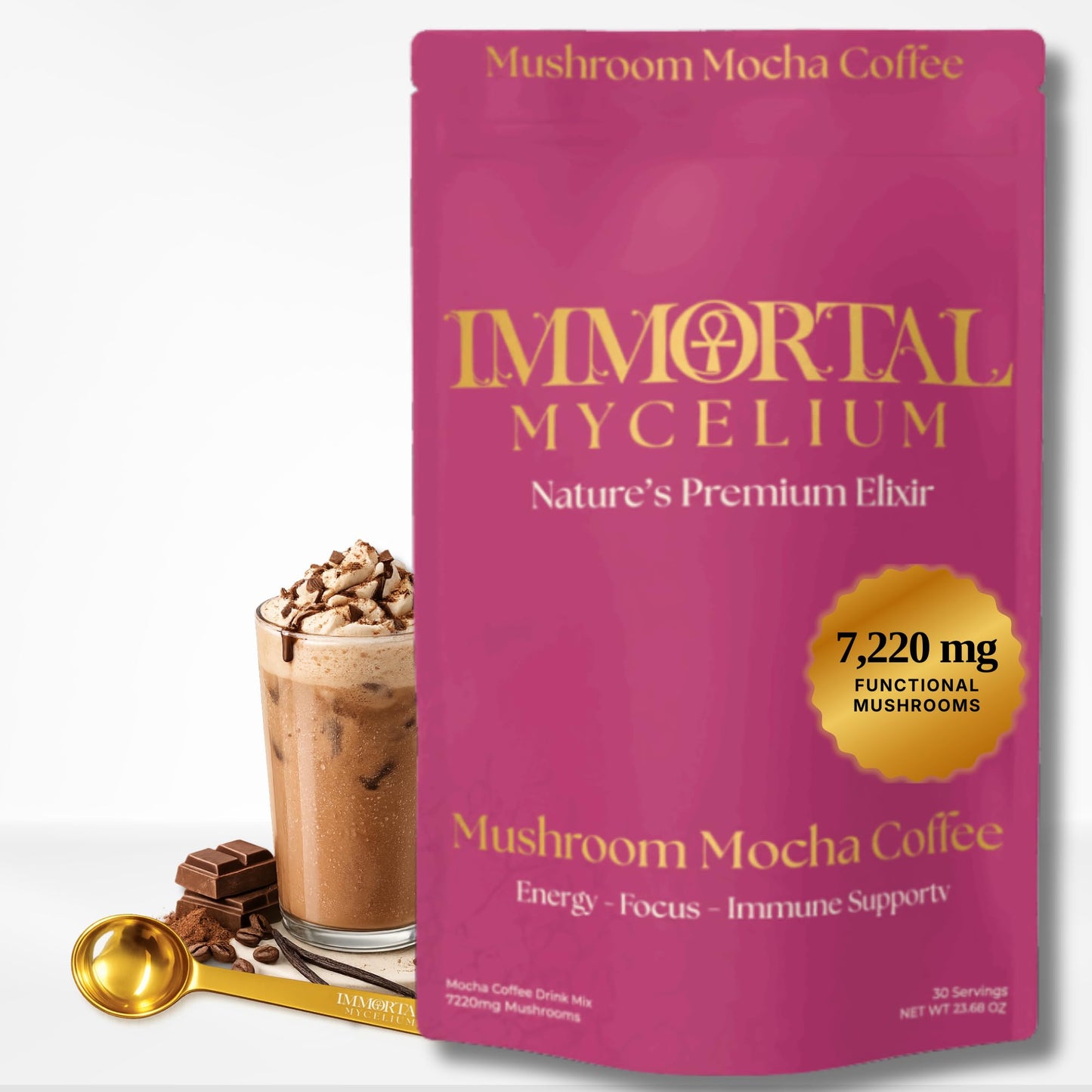 Immortal Mycelium Mushroom Mocha - Arabica Coffee with Lion’s Mane, Cordyceps, Reishi, Turkey Tail & Chaga - Adaptogenic Mocha Coffee Alternative - 15