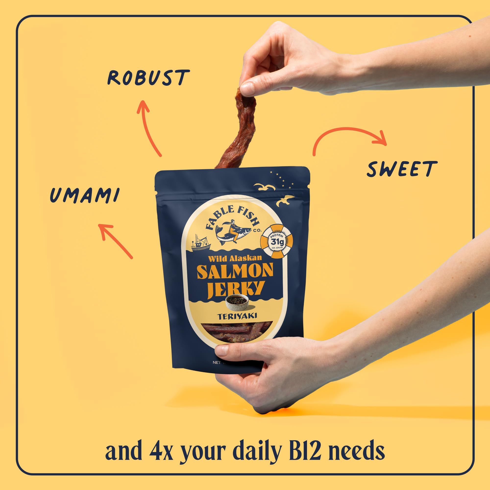 Fable Fish Wild Alaskan Salmon Jerky - Wild Caught Salmon with 31g of Protein - Tasty Fish Jerky with Omega-3s and Natural Source of Collagen - Made