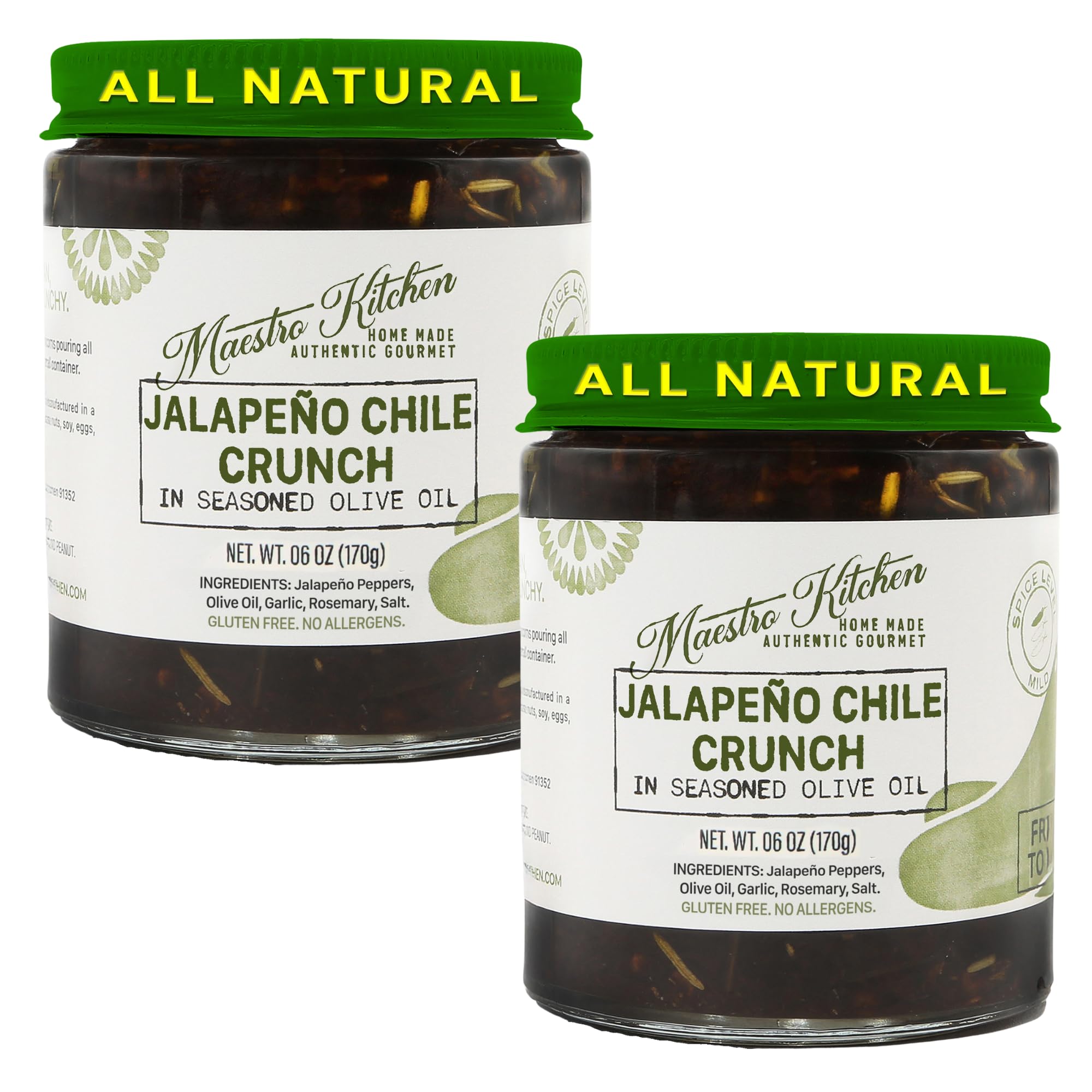 MAESTRO KITCHEN Mild Jalapeno Pepper Chile Crunch 6oz 2 pack | Mexican Chili Crisp in Olive Oil| All Natural Chili Crisp Peppers in 100% Seasoned