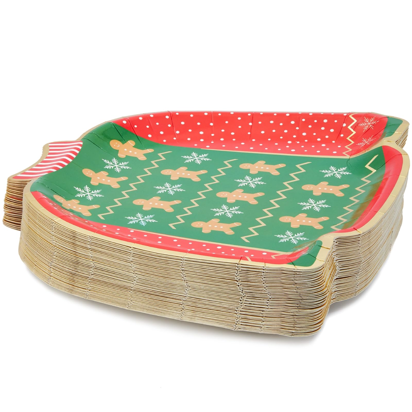 BLUE PANDA Paper Plates - 48 Count, Rectangular 9.7 x 9.1 in, Green & Red - Disposable Heavy-Duty Festive Gingerbread Design Paper Platters - Party