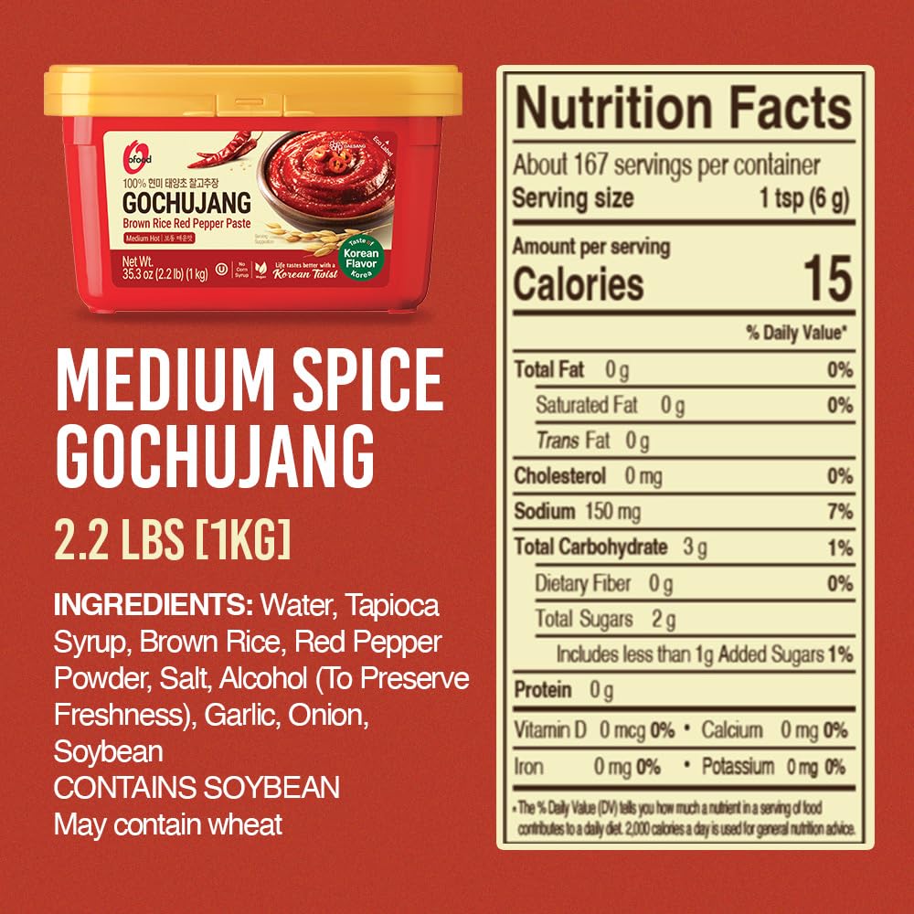 O’Food Gochujang - Korean Red Chili Paste [Medium | 2.2 lb (1kg) ] Spicy & Sweet Savory Fermented Sauce | Gluten-Free | No Corn Syrup | Great