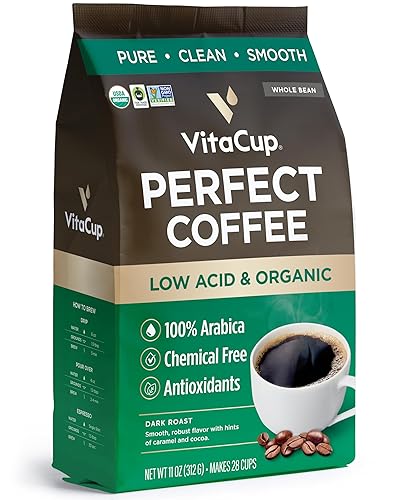 VitaCup Perfect Low Acid Coffee Beans, USDA Organic & Fair Trade, Mycotoxin Free, Dark Roast Guatemala Single Origin, Clean & Pure, Low Acidity, Whole
