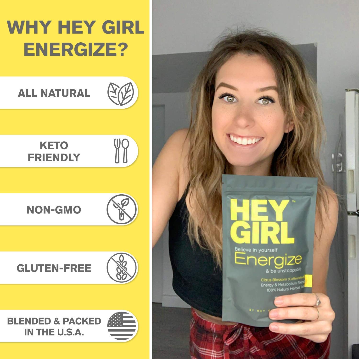 Hey Girl Energize Tea - Herbal Energy Tea Blend with Yerba Mate, Oolong, Ginger, & Green Tea - Morning Boost Coffee Alternative - Caffeinated Tea Bags