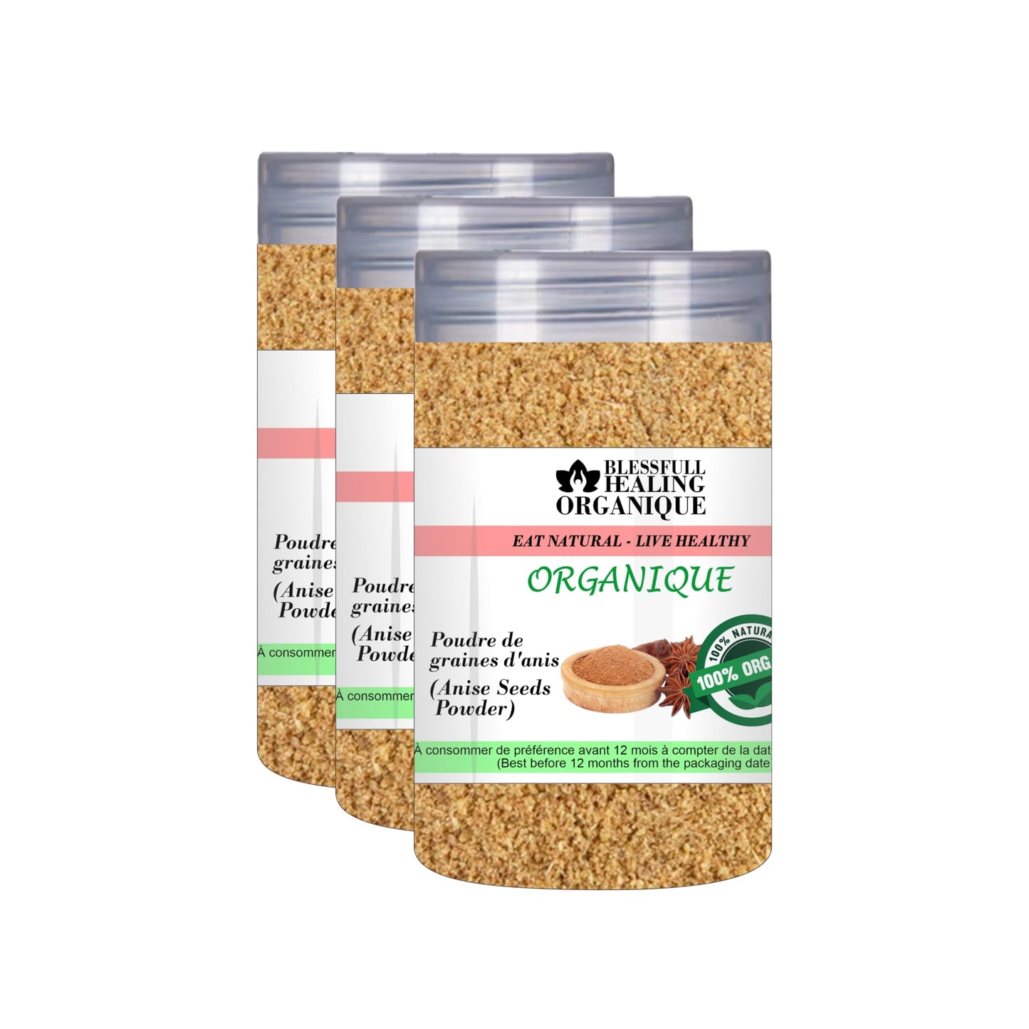 Blessfull Healing Organic Anise Seeds Powder 100 Gram (3.52 oz) Each (Pack Of 3) = 300 Grams, Vegan