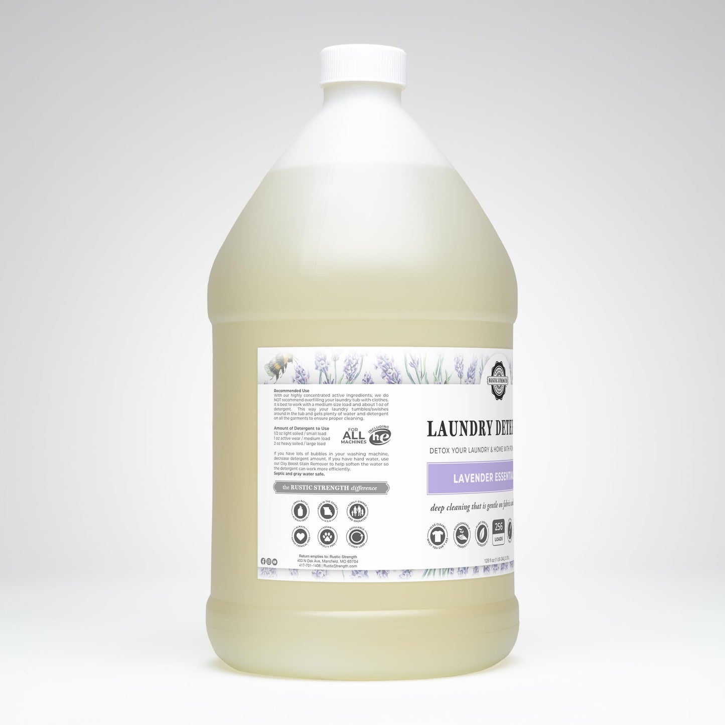 Rustic Strength Natural Laundry Detergent, Lavender Scent, Liquid, Color Safe, Sensitive Skin, HE Compatible, Gallon Plastic