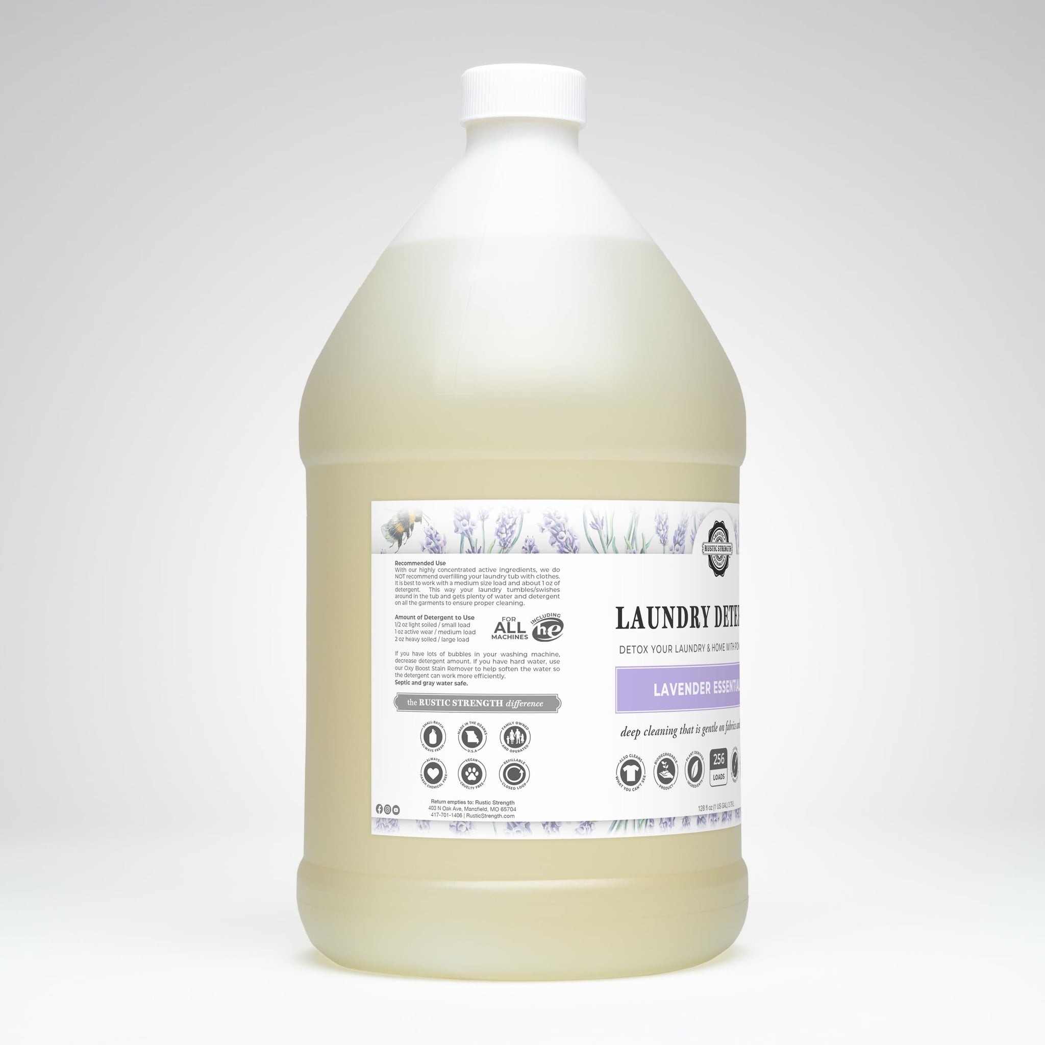 Rustic Strength Natural Laundry Detergent, Lavender Scent, Liquid, Color Safe, Sensitive Skin, HE Compatible, Gallon Plastic