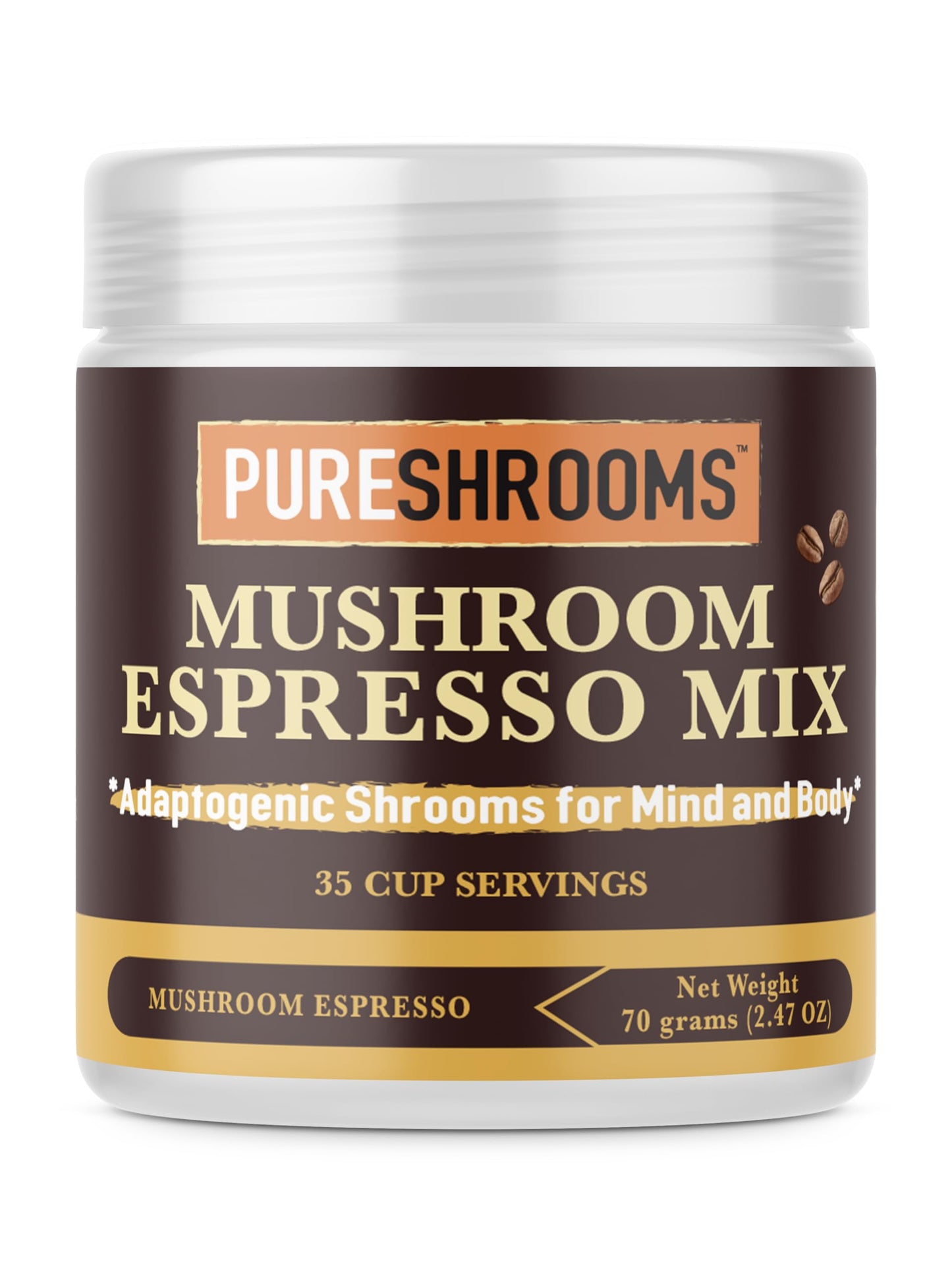 PureShrooms Instant Mushroom Espresso Blend - Organic Adaptogenic Coffee with Lion's Mane, Reishi, Cordyceps - Arabica & Robusta Blend, 70g - Mental