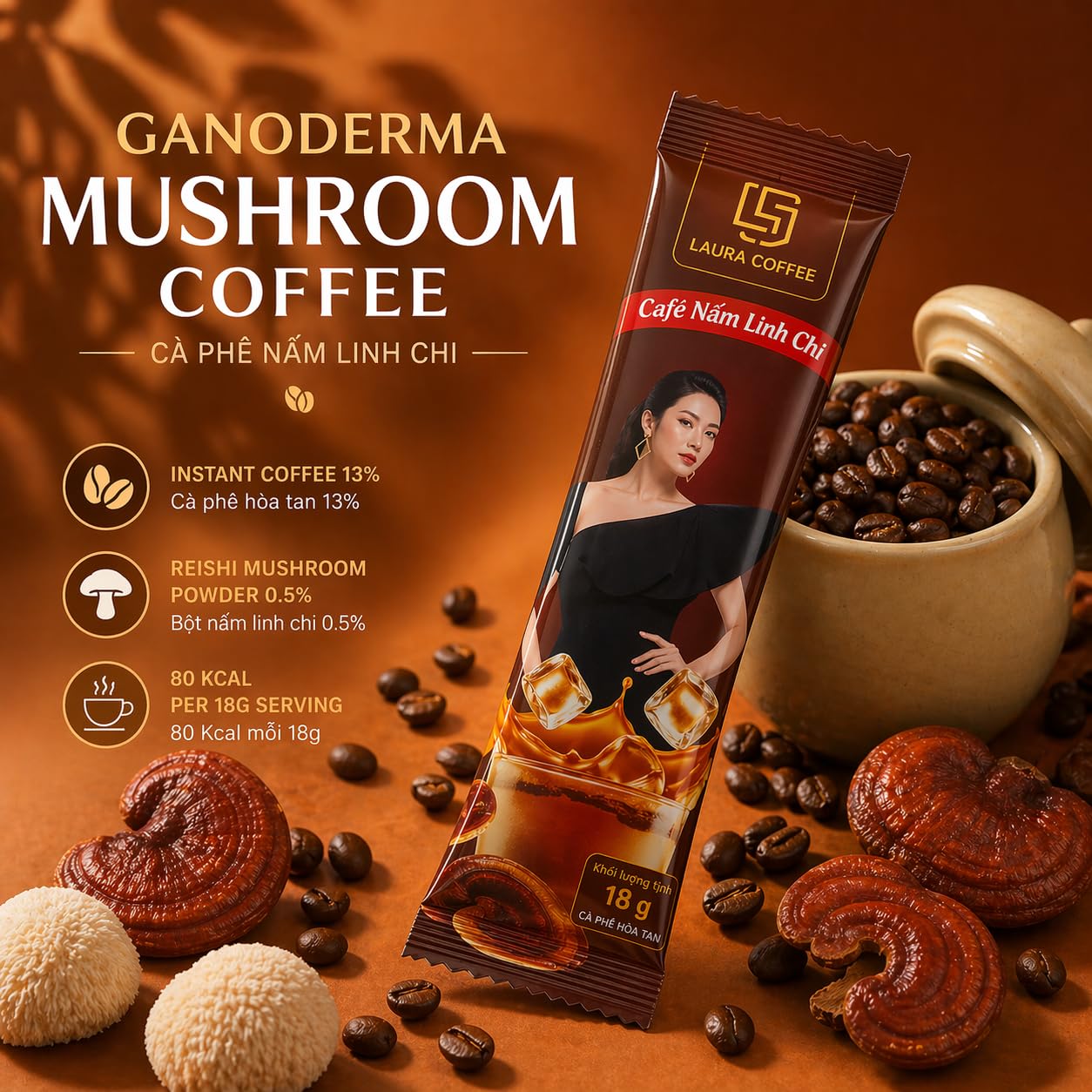 Laura Coffee Instant 3-in-1 Vietnamese Strong Coffee Mix with Cordyceps, Ganoderma, Reishi Mushroom - 10 Sachets