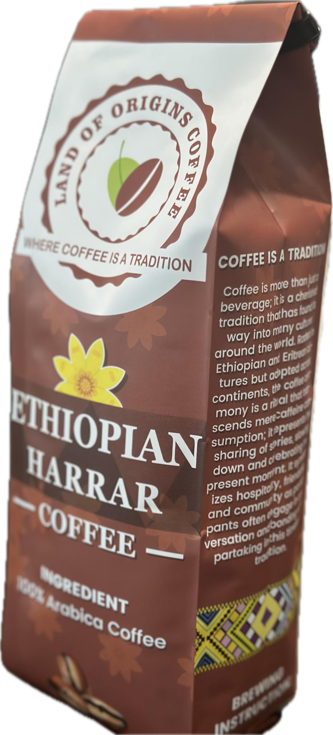 Land of Origins Coffee LLC Ethiopian Harrar Coffee, Medium Roast GROUND Coffee - 12 oz (Pack of 1)