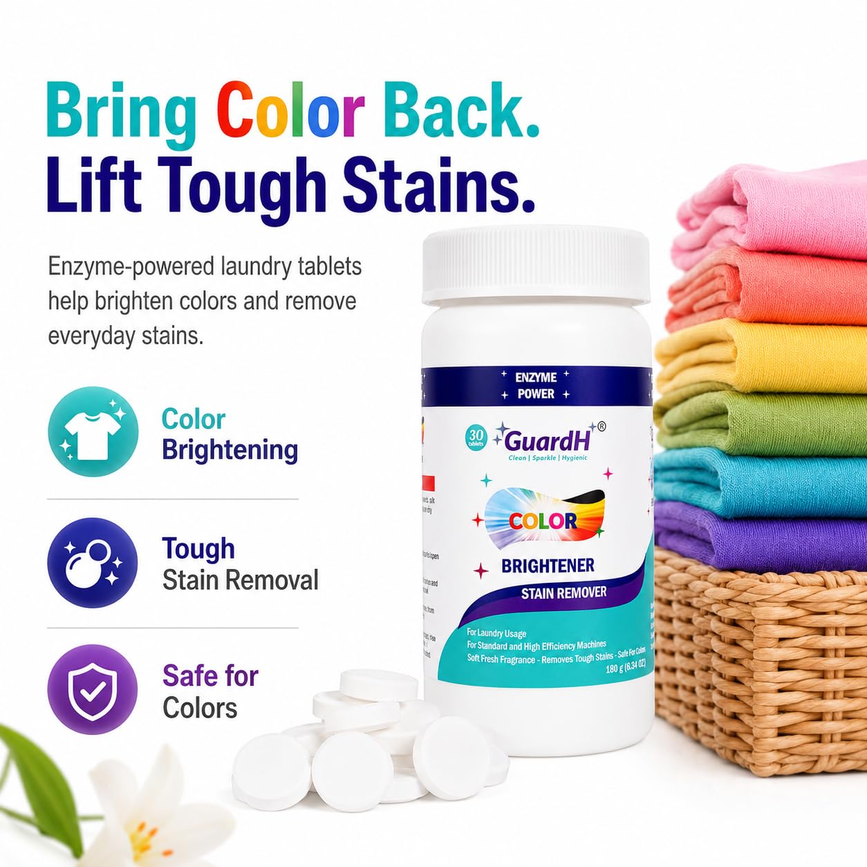 GuardH Laundry Stain Remover & Color Booster Tablets - Brightens Clothes, Removes Tough Stains, No Bleach - 30 Enzyme Tablets for Colorful Loads