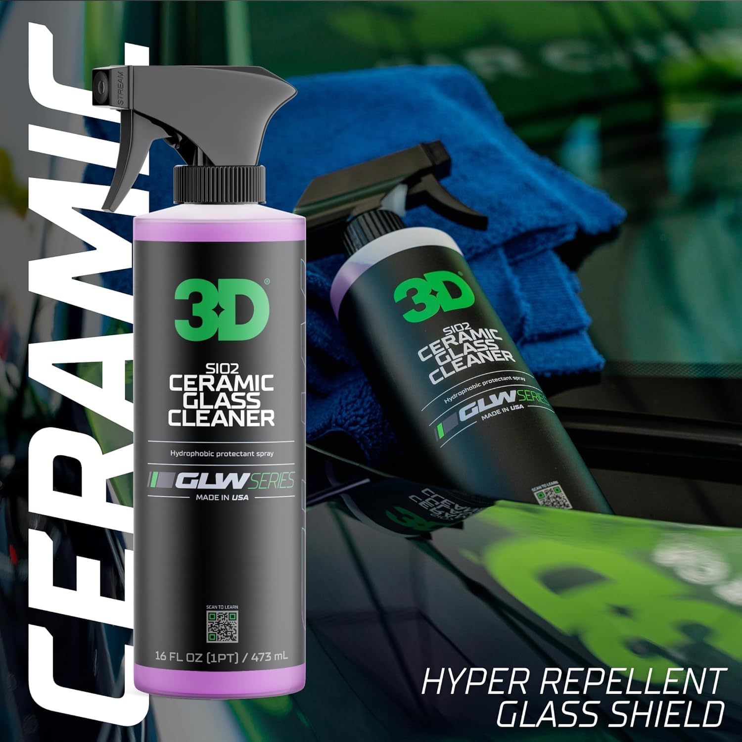 3D SiO2 Ceramic Glass Cleaner, GLW Series | Water & Rain Repellent | All-Weather Protective Ceramic Glass Cleaner | Safe for Tinted, Non-Tinted