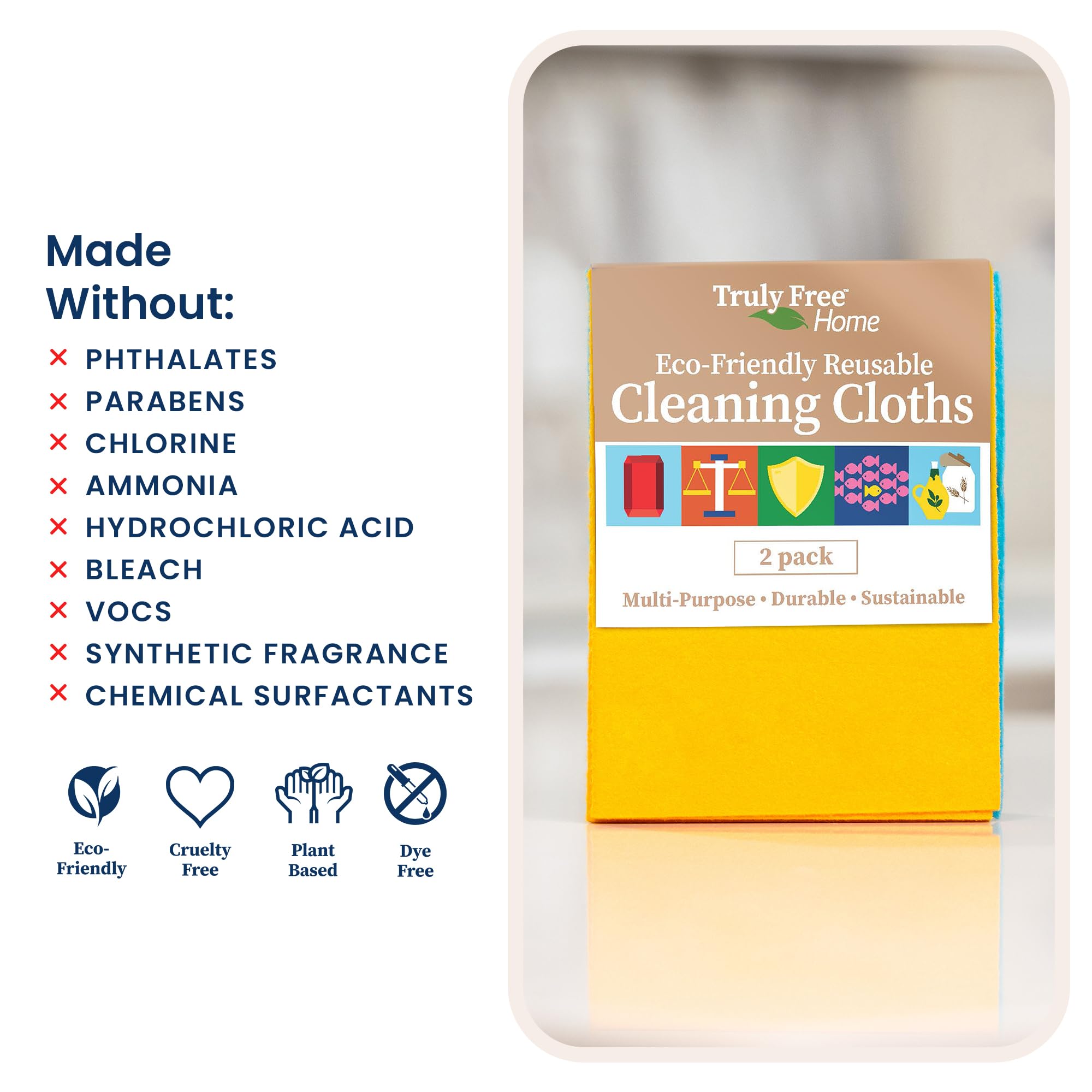 Truly Free Reusable Cleaning Cloth, 2 Pack - Multipurpose Super Absorbent, Reusable, Durable, Washable Kitchen Towels, Cleaning Rags, Cloth Wipes