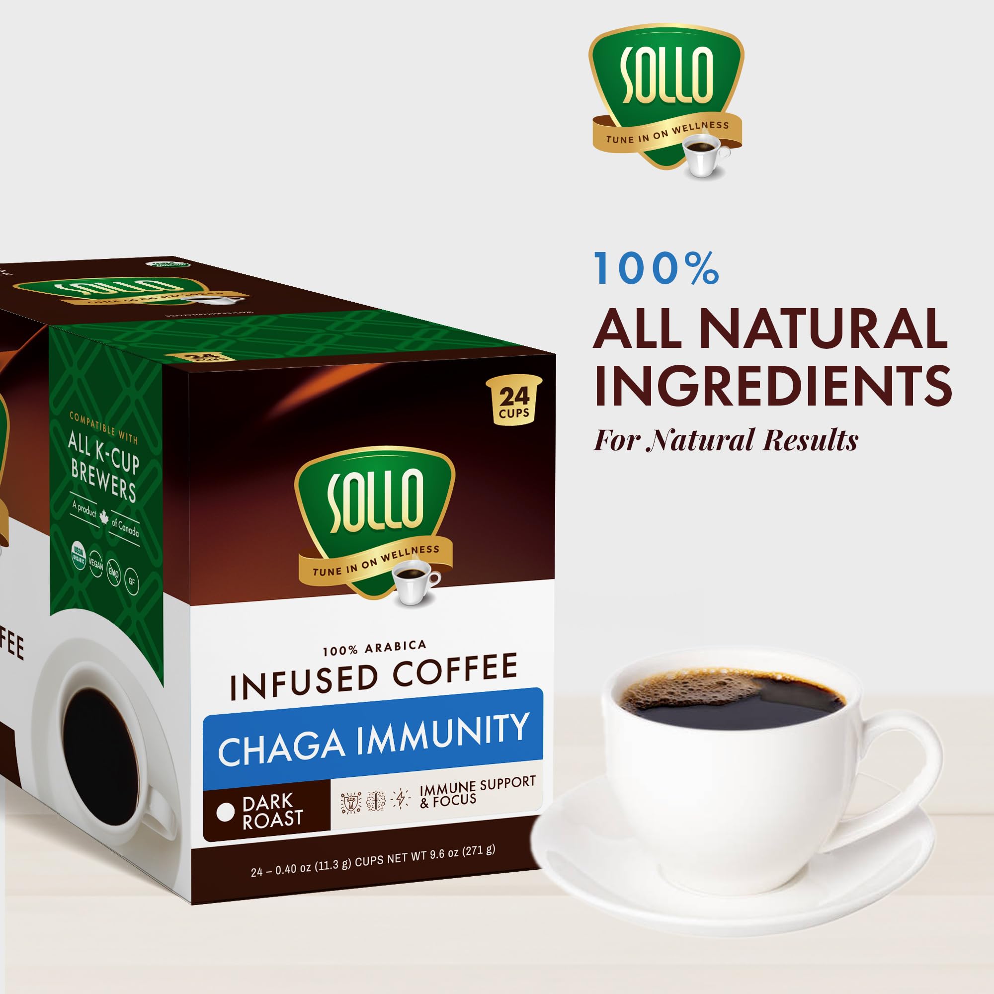 SOLLO Infused Mushroom Coffee K-Cups | Dark Roast Coffee with 100% Chaga Extract | Focus & Immune Support | Compatable with All K-Cups Brewers | 24