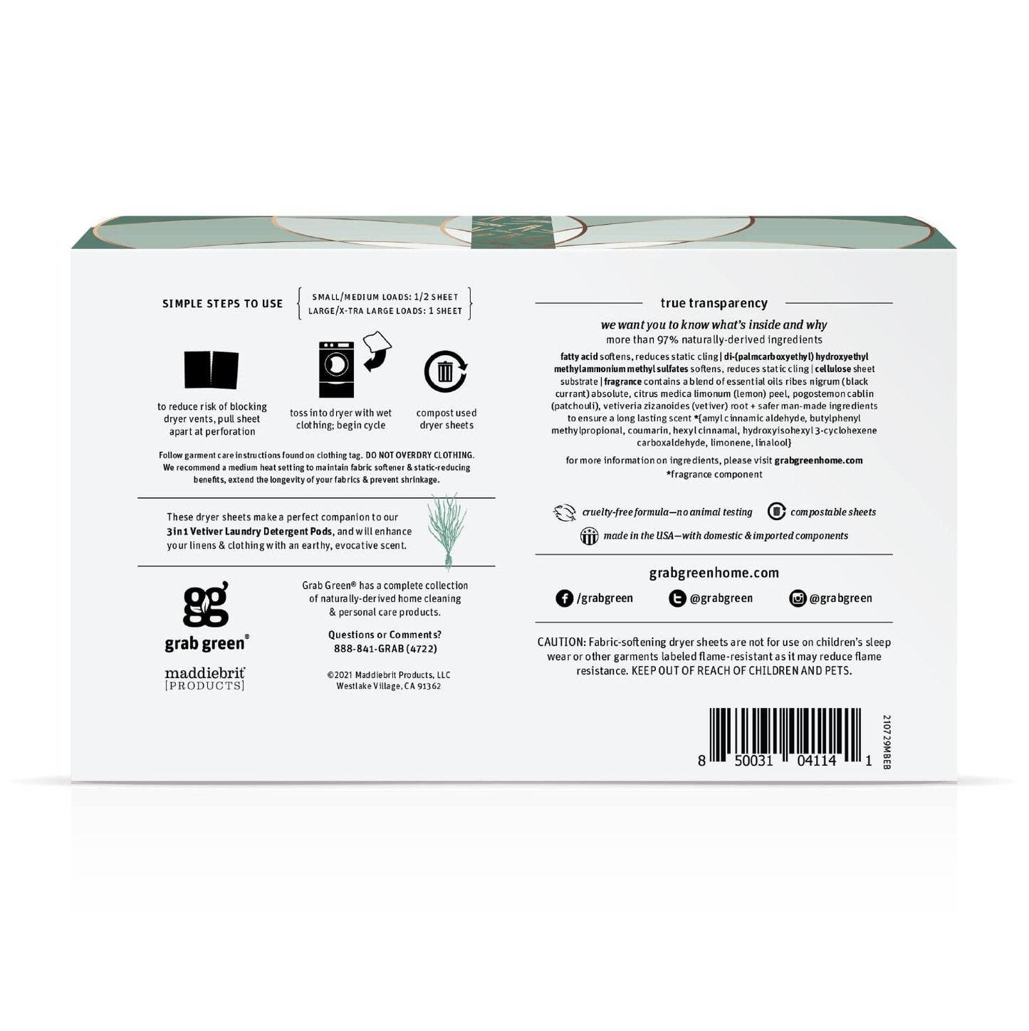 Grab Green Dryer Sheets, 160 Sheets, Vetiver Scent, Plant and Mineral Based, Compostable, Softens Fabrics, Reduces Static Cling and Wrinkles