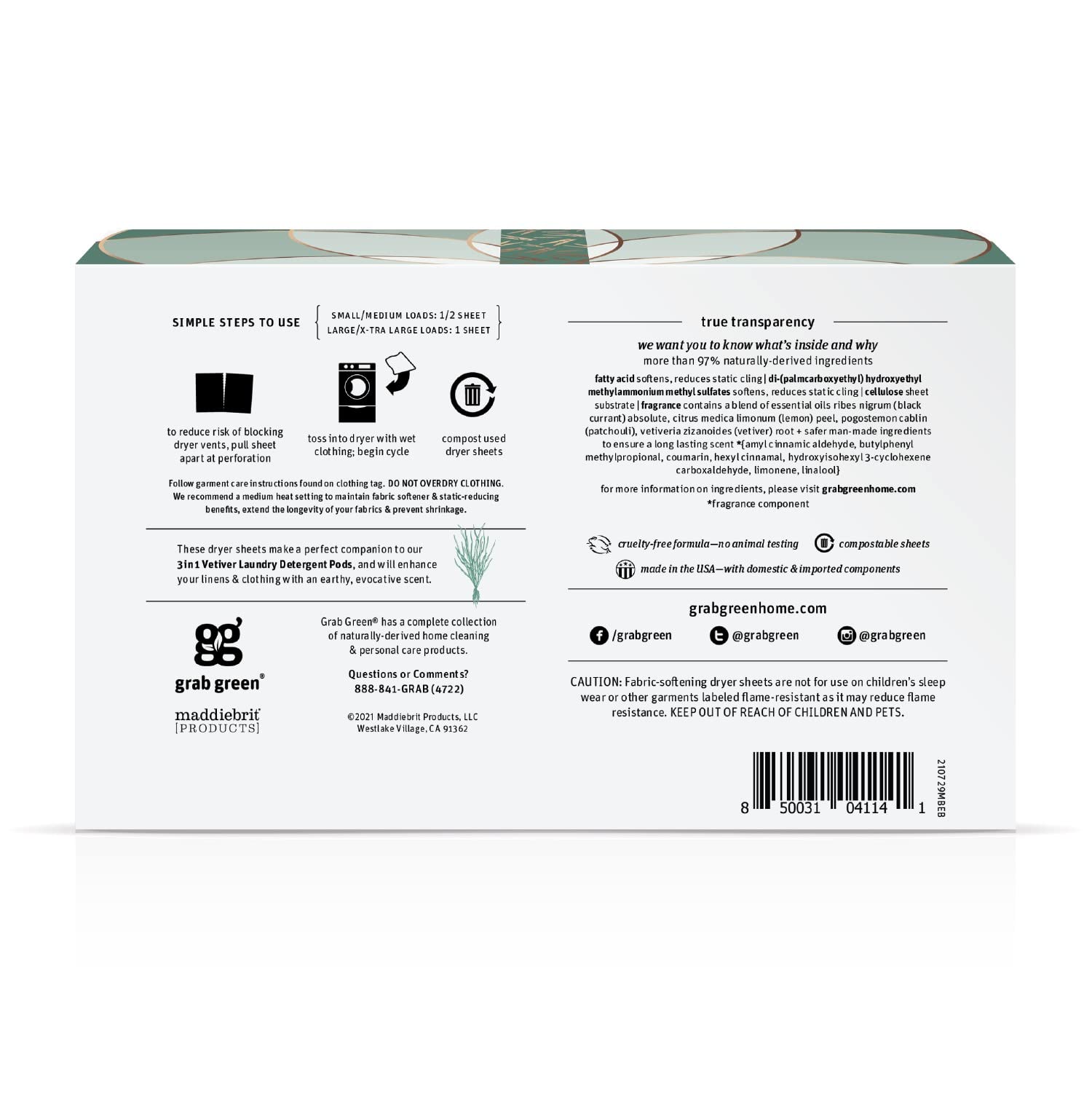 Grab Green Dryer Sheets, 160 Sheets, Vetiver Scent, Plant and Mineral Based, Compostable, Softens Fabrics, Reduces Static Cling and Wrinkles