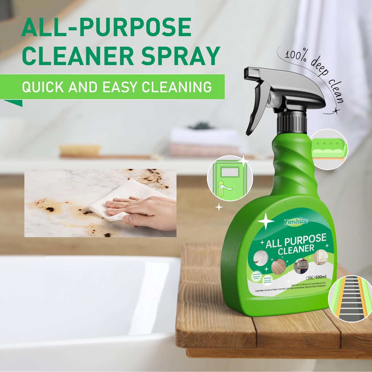 Zinshine Shower Cleaner, All-Purpose Cleaner, Plant-Based Floor cleaner, Biodegradable Formula for Kitchens, Bathroom, Countertops, Ovens
