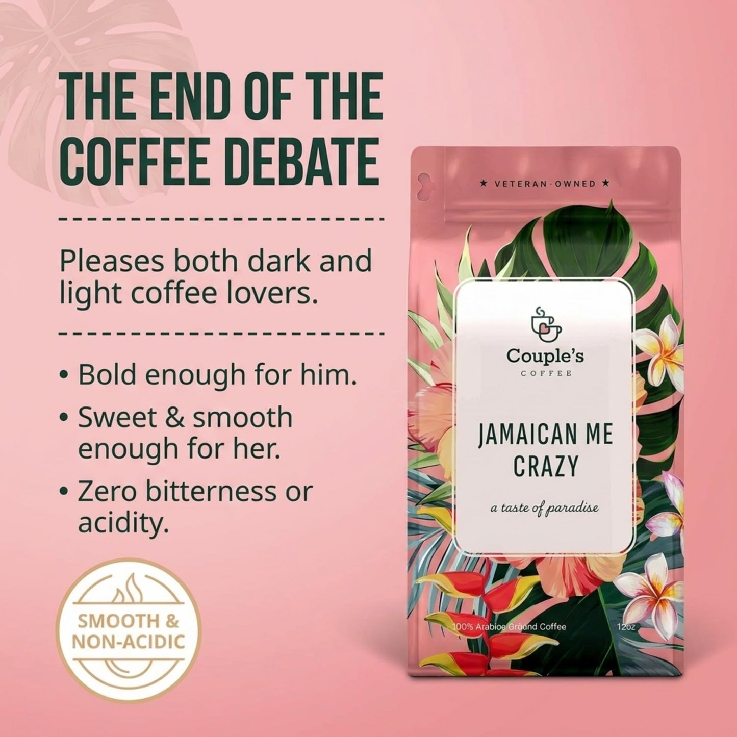 Couple's Coffee Jamaican Me Crazy Ground Coffee, Vanilla Hazelnut & Rum Flavored Medium Roast Coffee, 100% Arabica Coffee, Supports Military Families