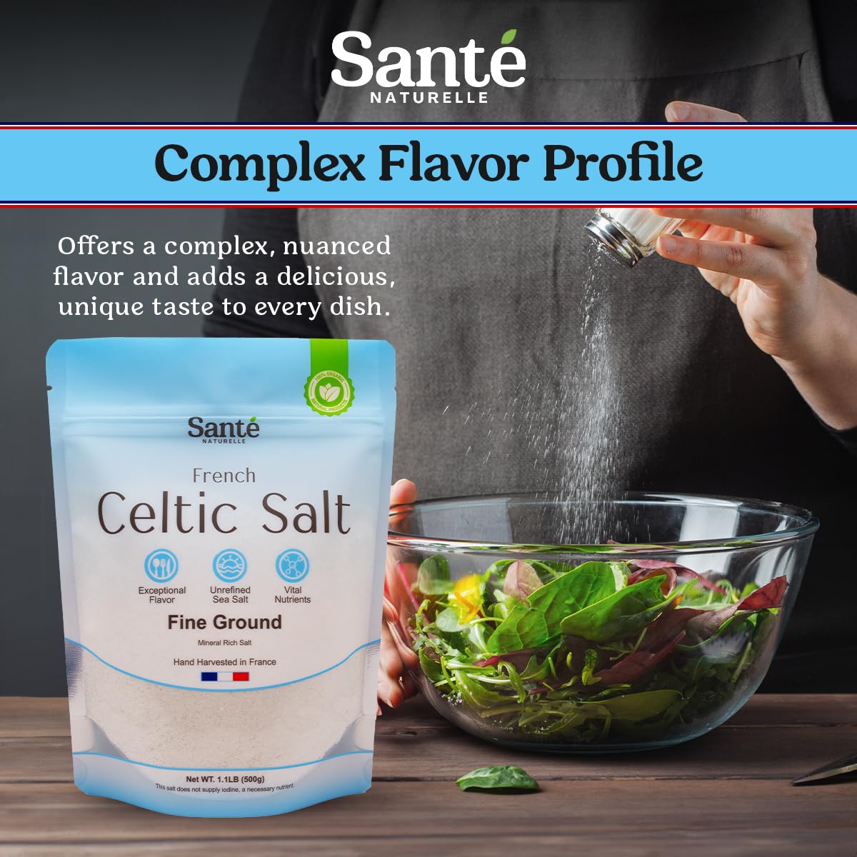Sante Naturelle Celtic Salt Organic Fine Ground - 1.1lb (18oz) Pack of 3, Unrefined Organic French Sea Salt, Rich in 82+ Minerals Salt, 100% Natural