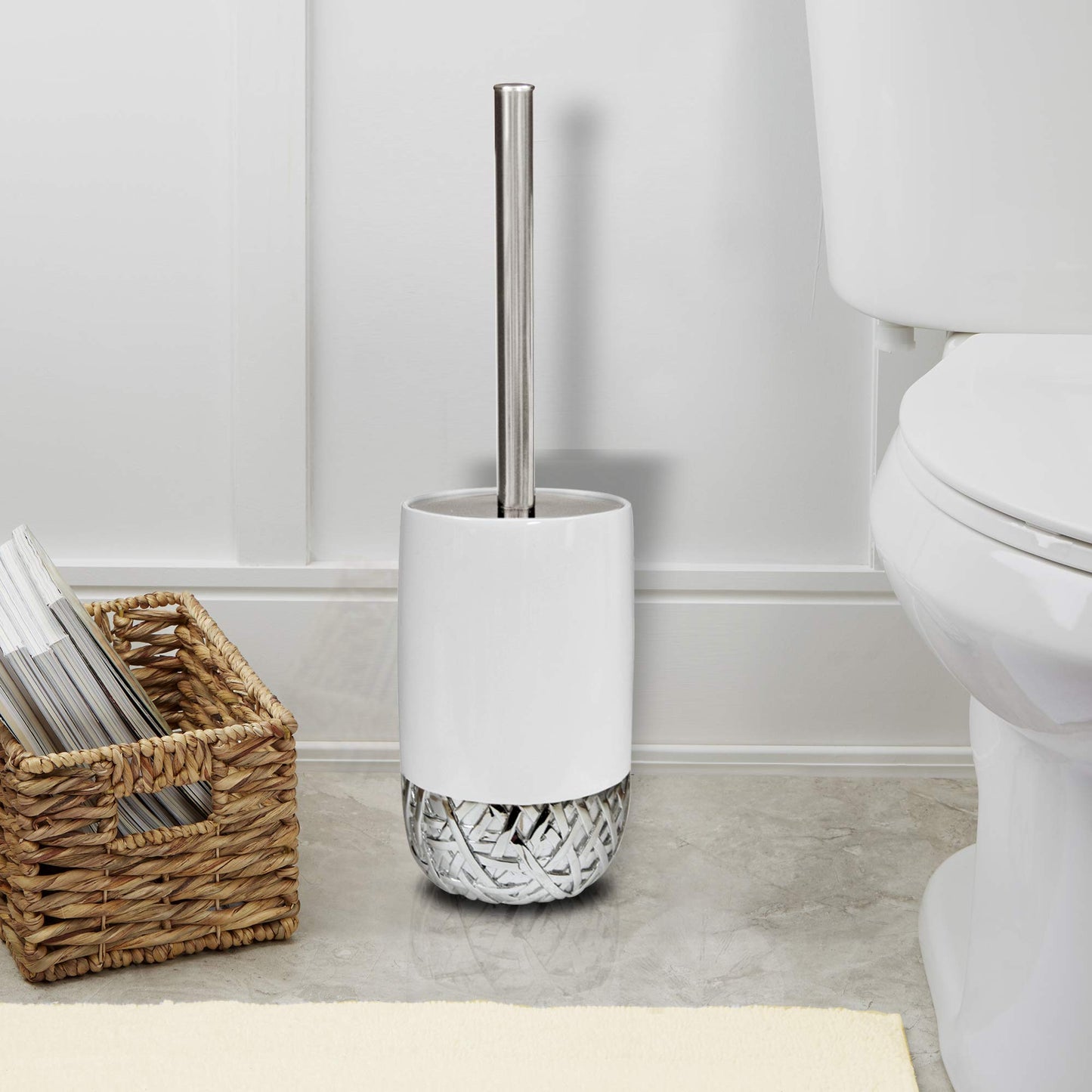 nu steel Bali White Round Shape Resin Toilet Brush Holder for Bathroom Whiter Color Finish Comes with a Complete Plastic Liner Inside to Prevent