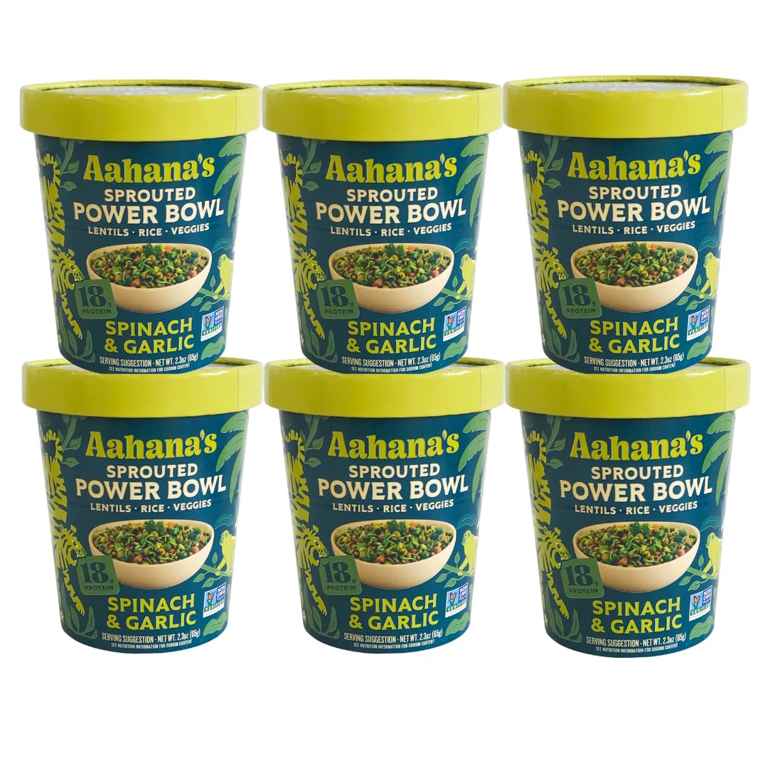 Aahana’s Spinach & Garlic Sprouted Power Bowl - Gluten-Free Plant-Based Instant Meal with Sprouted Lentils and Grains - 18g Protein, 12g Fiber, Vegan