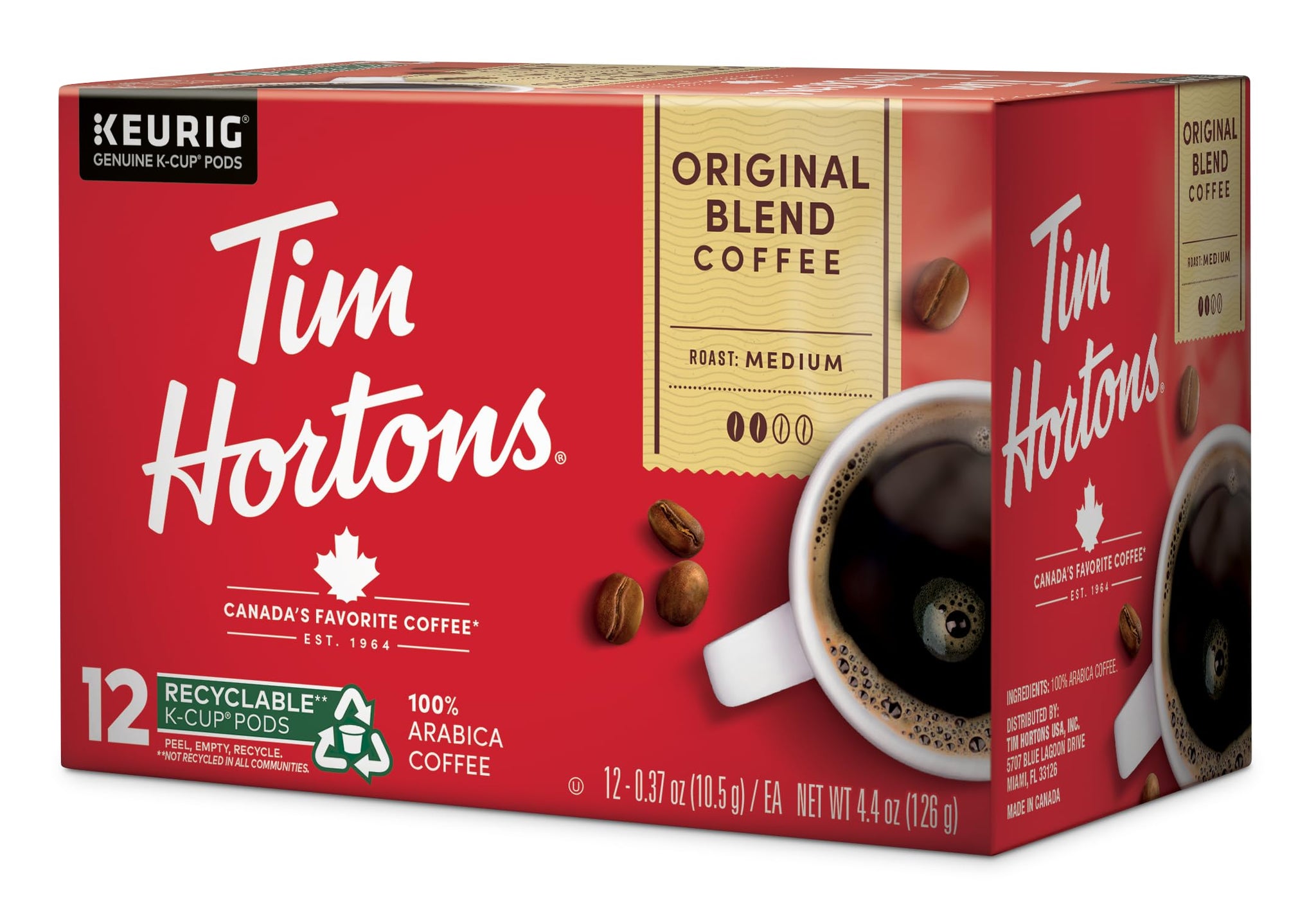 Tim Hortons Original Blend, Medium Roast Coffee, Single-Serve K-Cup Pods Compatible with Keurig Brewers, 12ct K-Cups