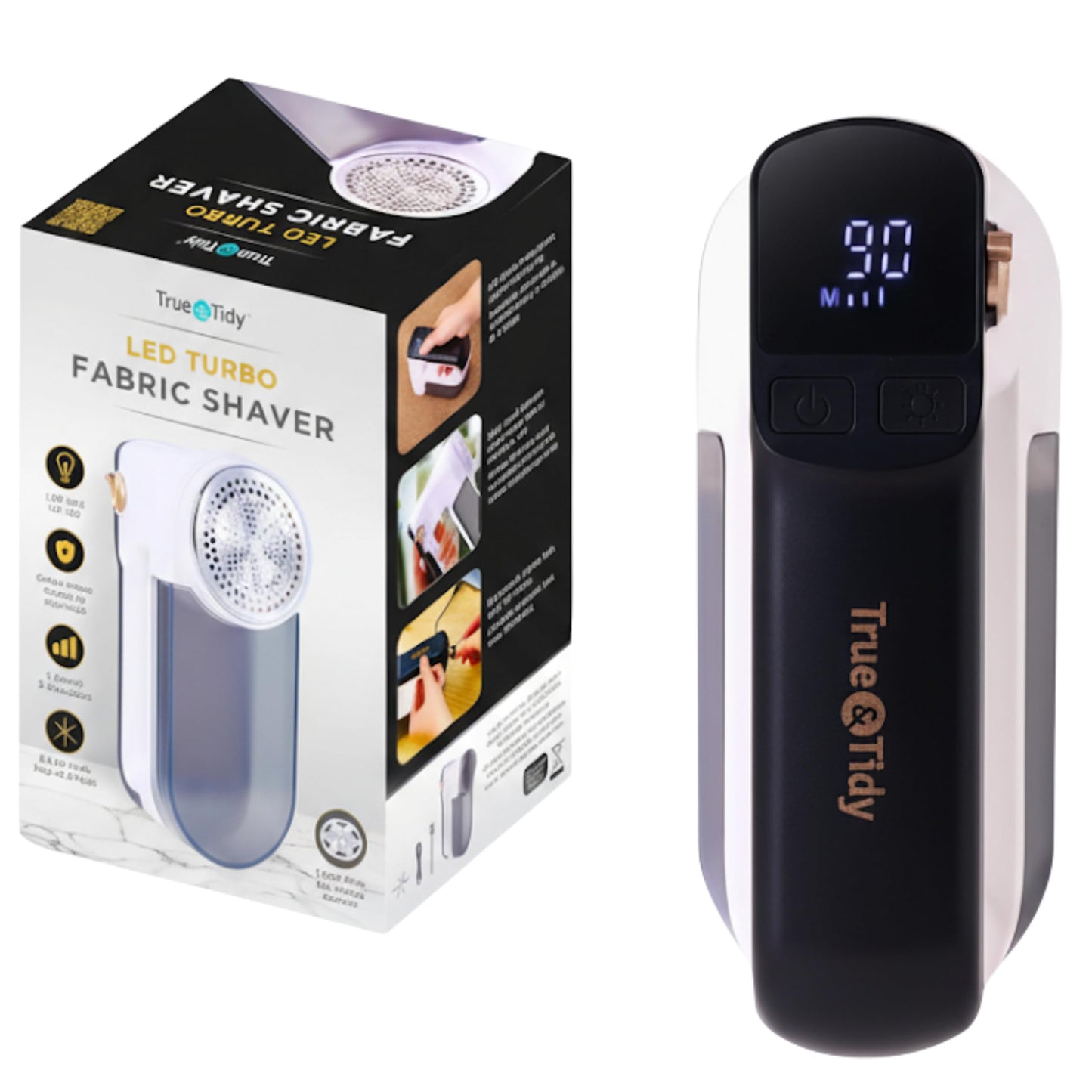 True & Tidy LED Turbo Fabric Shaver | Cordless Lint Remover with Digital Display & 3 Speeds - Perfect for Clothes, Couch & Furniture Defuzzing, White