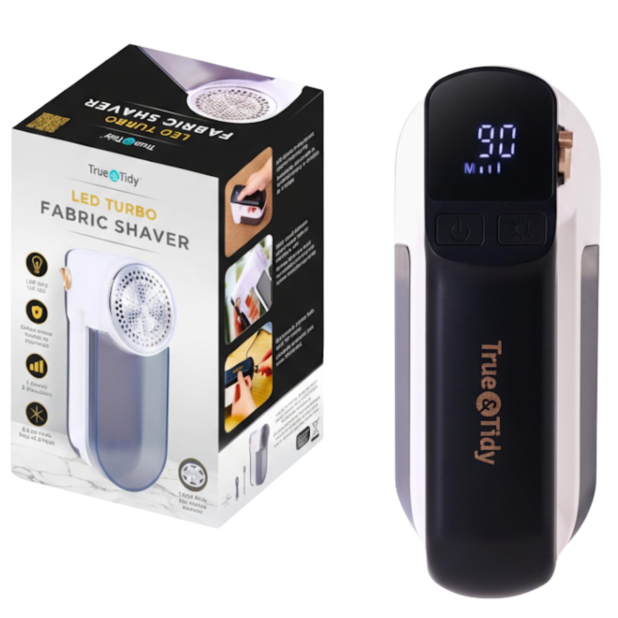 True & Tidy LED Turbo Fabric Shaver | Cordless Lint Remover with Digital Display & 3 Speeds - Perfect for Clothes, Couch & Furniture Defuzzing, White