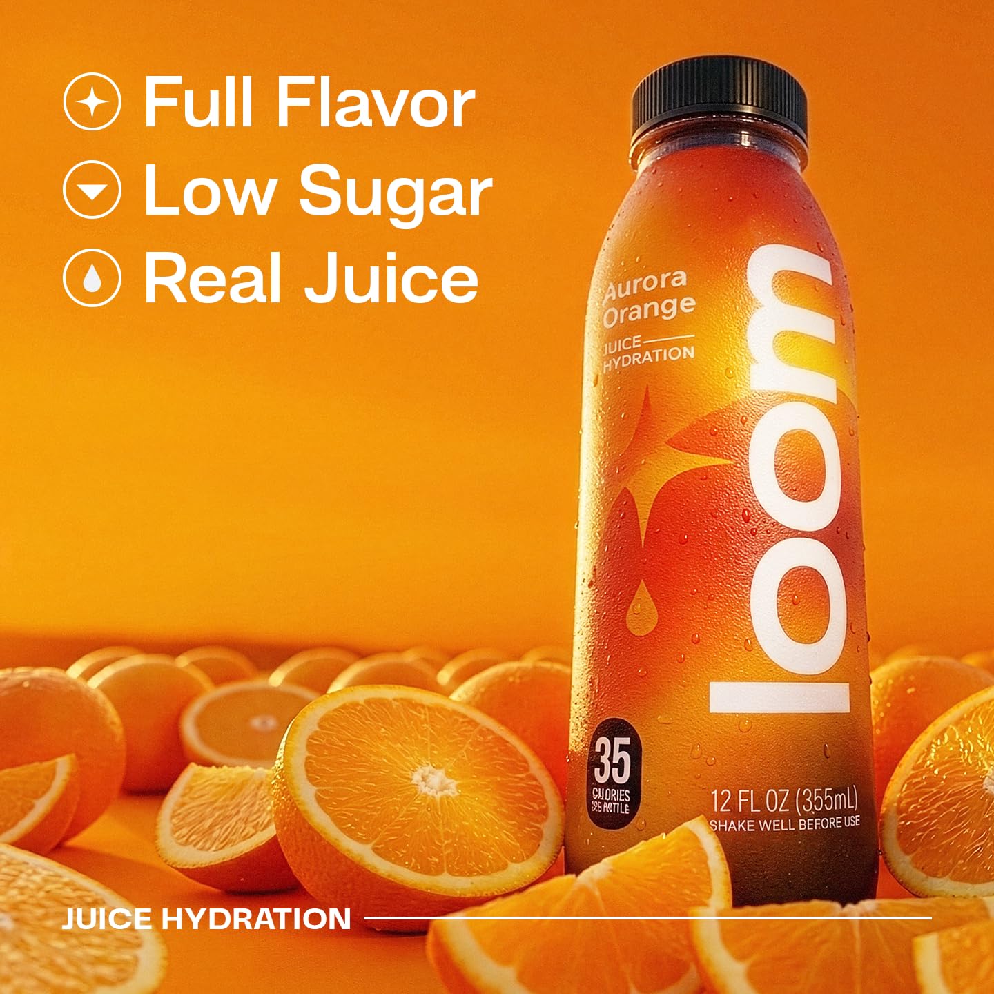 Aurora Orange Juice Drinks by Loom, Low Sugar Juice, Real Fruit, No Added Sugar, Healthy Hydration, 30 Calories, Non-GMO, 12 oz bottles, 12 pack