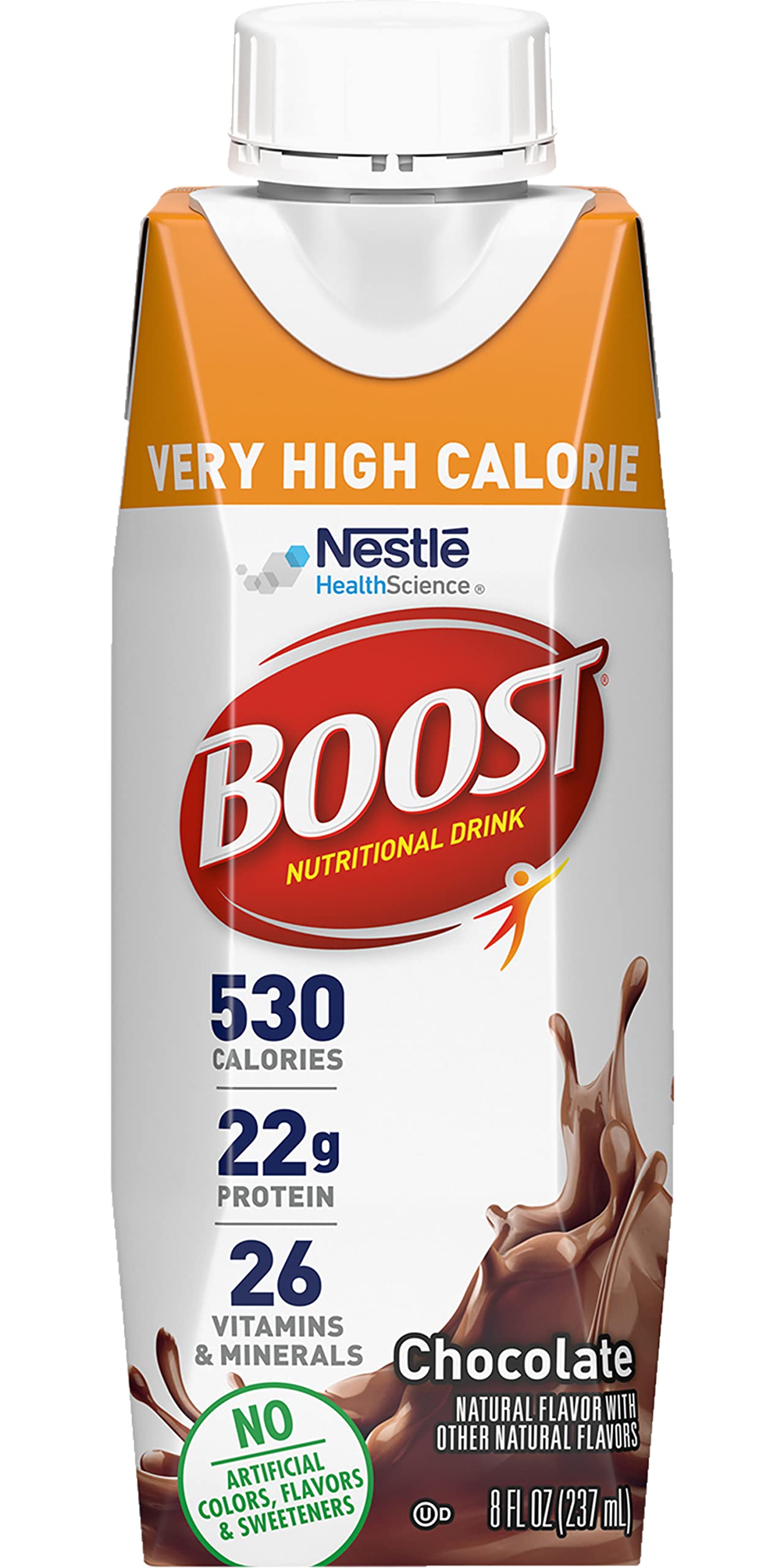 Boost Very High Calorie Nutritional Drink Very Vanilla, Made with Natural Chocolate Flavor & No Artificial Flavors, Colors & Sweeteners, 8 FL OZ (Pack