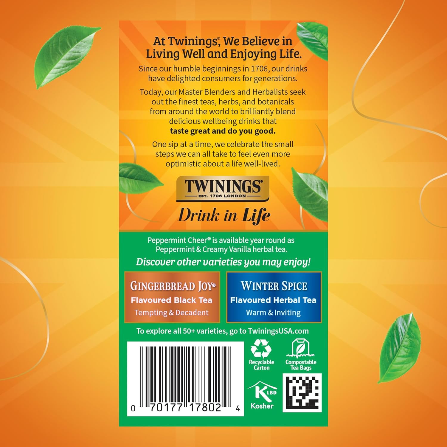 Twinings Tea, Peppermint Cheer 2-Pack, Naturally Caffeine-Free and Vanilla Flavoured Herbal Tea Bags, Individually Wrapped, 20 Count Each