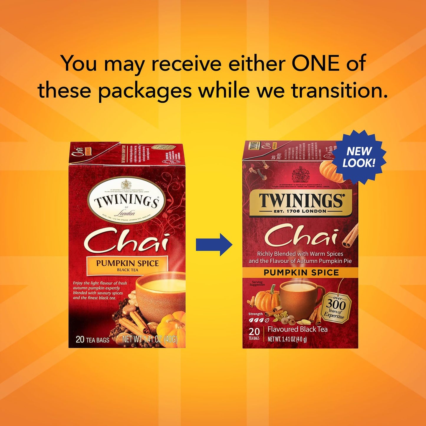 Twinings Pumpkin Spice Chai Tea, Caffeinated Black Tea Naturally Flavored with Aromatic Spices and Ginger, Tea Bags Individually Wrapped, 20 Count Ea