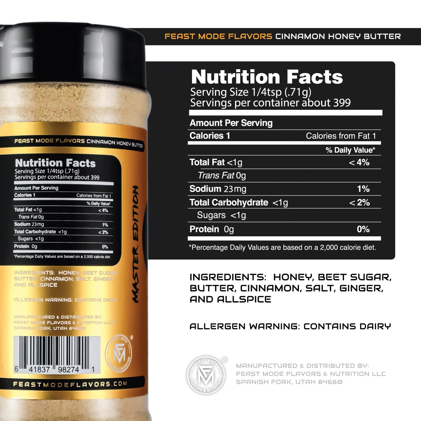 Cinnamon Honey Butter Seasoning | 10oz Master Edition by Feast Mode Flavors | Low Sodium | Low Calorie | Zero Artificial Fillers Binders or Dyes |