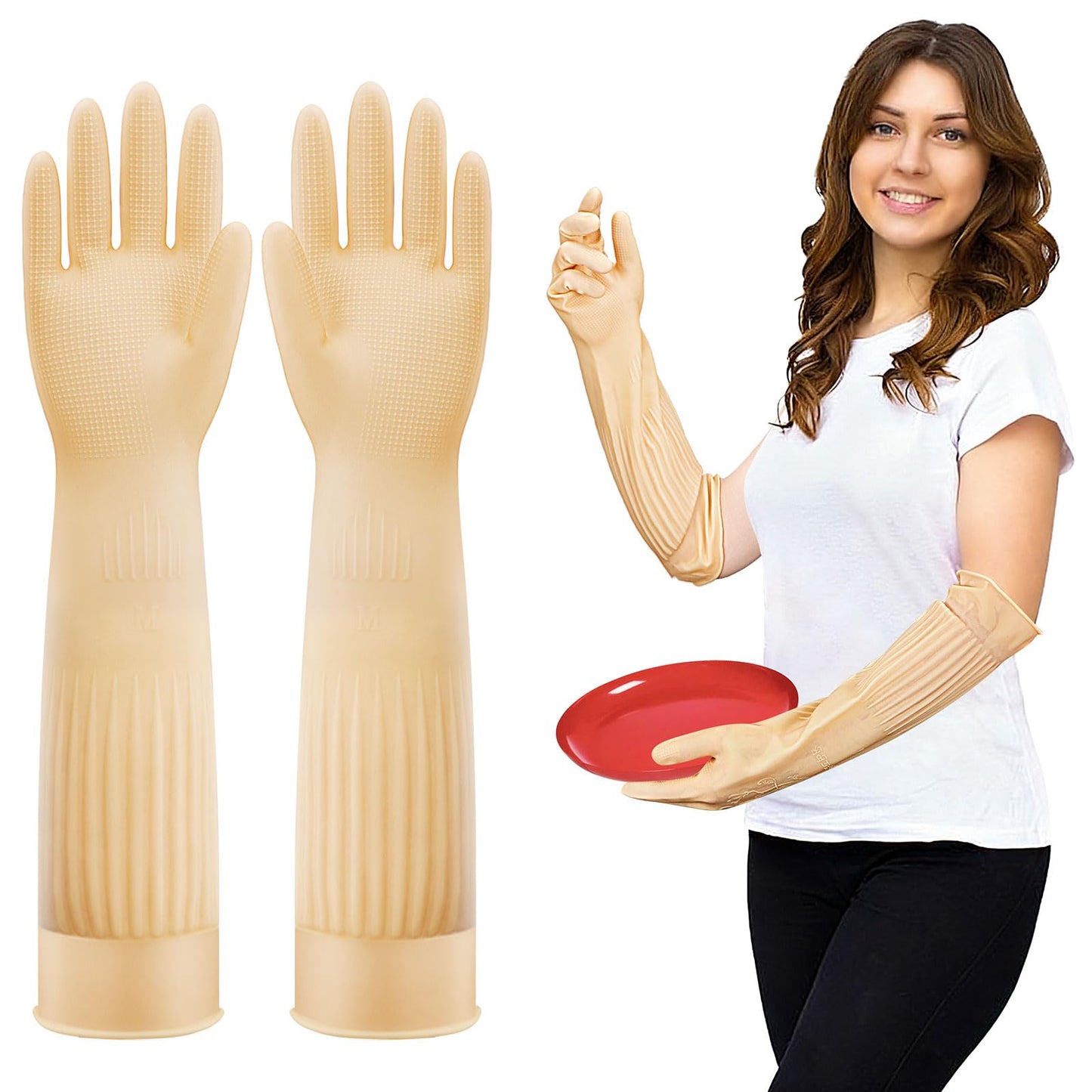 Coson home Long Rubber Dishwashing Cleaning Gloves, Elbow Length for Dishes Household Kitchenware Washing 17.8 Inches (M)