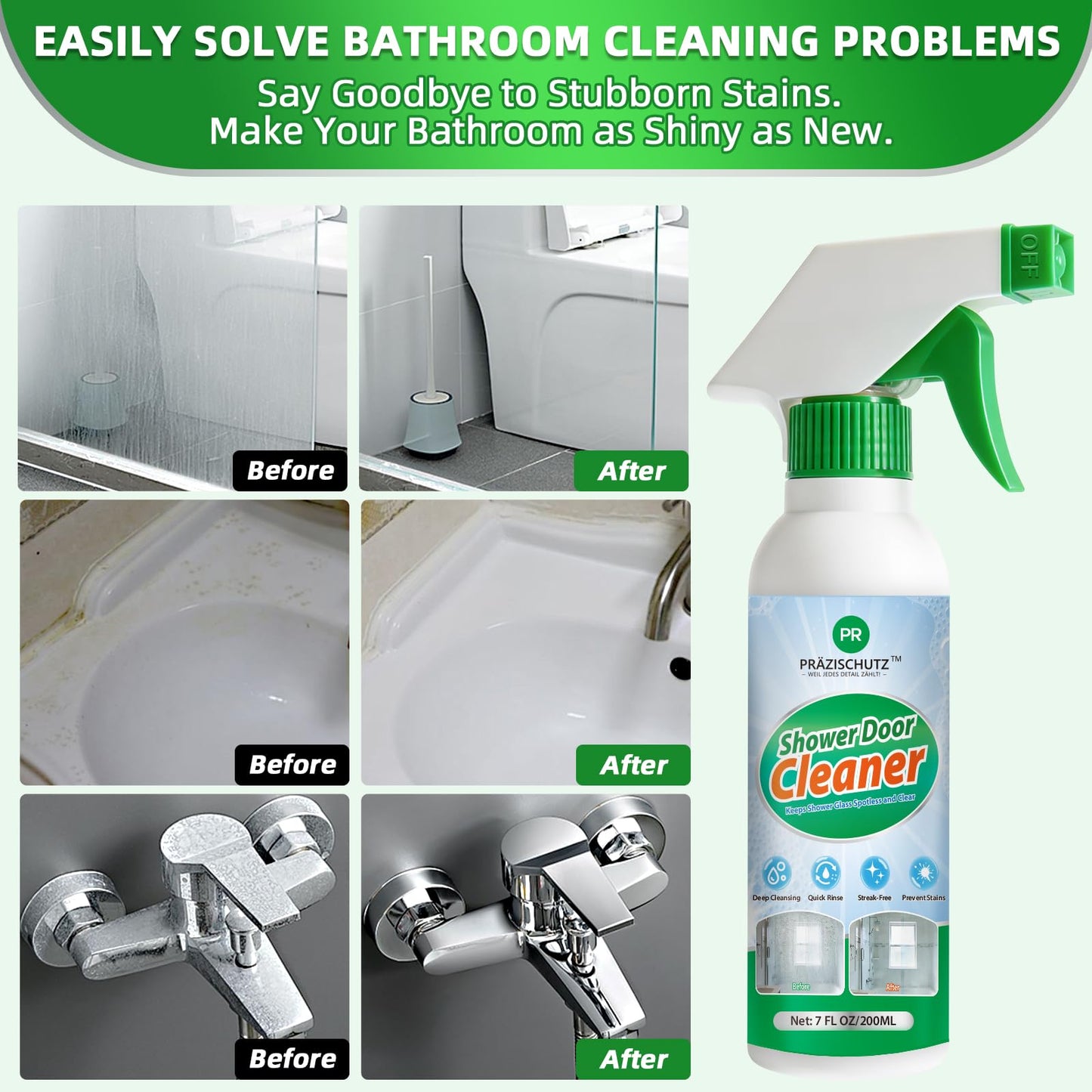 PRAZISCHUTZ Streak-Free Bathroom Glass Cleaner Spray, Instant Shine on Mirrors, Tiles & Shower Doors, Removes Limescale, Soap Scum & Oil Film, No