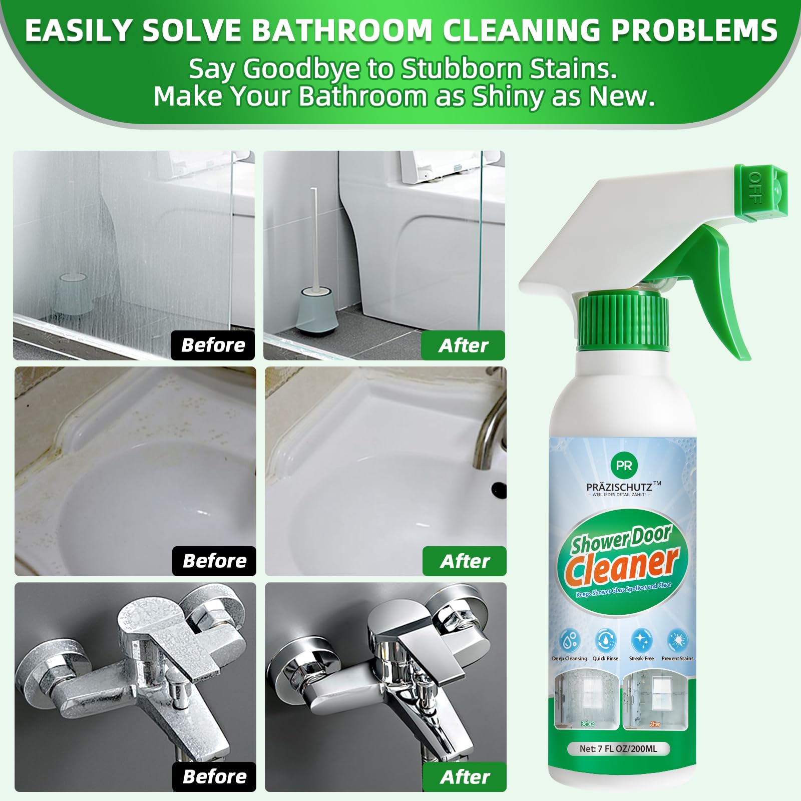 PRAZISCHUTZ Streak-Free Bathroom Glass Cleaner Spray, Instant Shine on Mirrors, Tiles & Shower Doors, Removes Limescale, Soap Scum & Oil Film, No