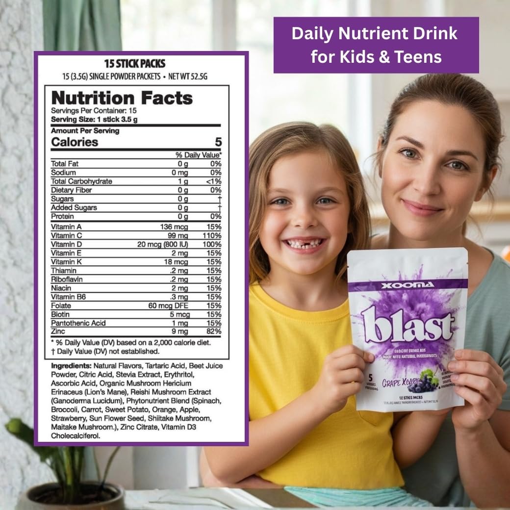 Xooma Blast Sugar Free Drink Mix Sticks - Whole Food Phytonutrient Powder with Immune Supporting Vitamins and Functional Mushroom Blend - Low Calorie