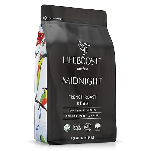 Lifeboost Midnight French Roast Coffee Beans - Single Origin Non-GMO USDA Organic Low Acid French Roast Coffee - Third Party Tested For Mycotoxins