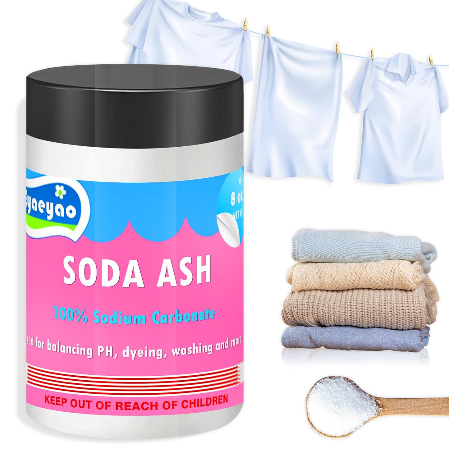 Eyaeyao Pure Washing Soda, 8 oz (226g) - Natural Sodium Carbonate, Laundry Booster, Soda Ash, Multipurpose Cleaner, Water Softener, Stain Remover (8