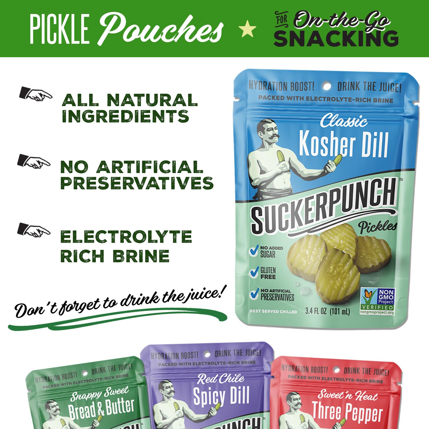 SuckerPunch Pickles in a Pouch, Gluten Free, Kosher, Sugar Free, Low Calorie, Keto, Vegan, Non-GMO, Ready to Eat, On-the-Go, 3.4 Oz Single Serve