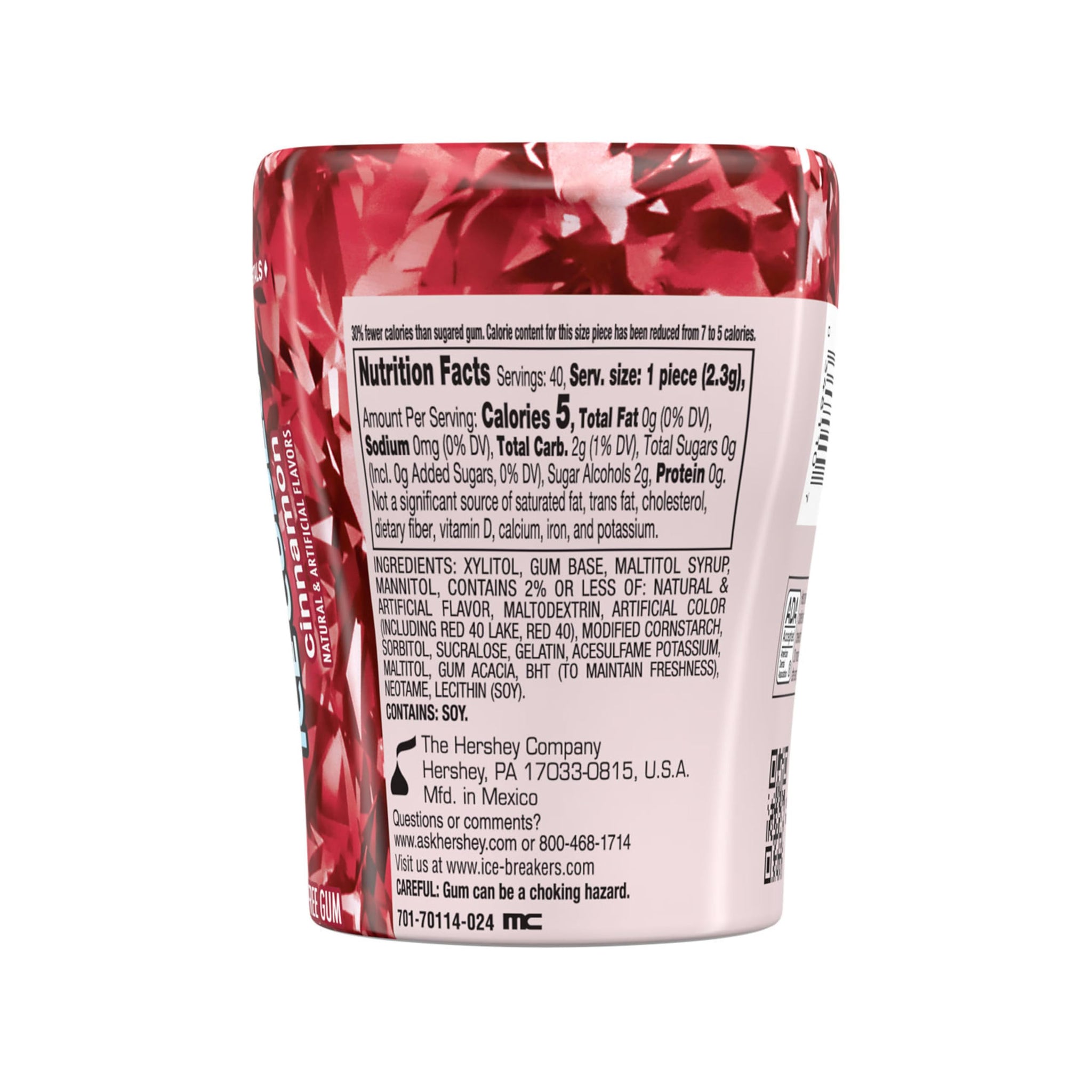 Ice Breakers, Ice Cubes Cinnamon Sugar Free Chewing Gum Bottle, 3.2 Ounce, 40 Count