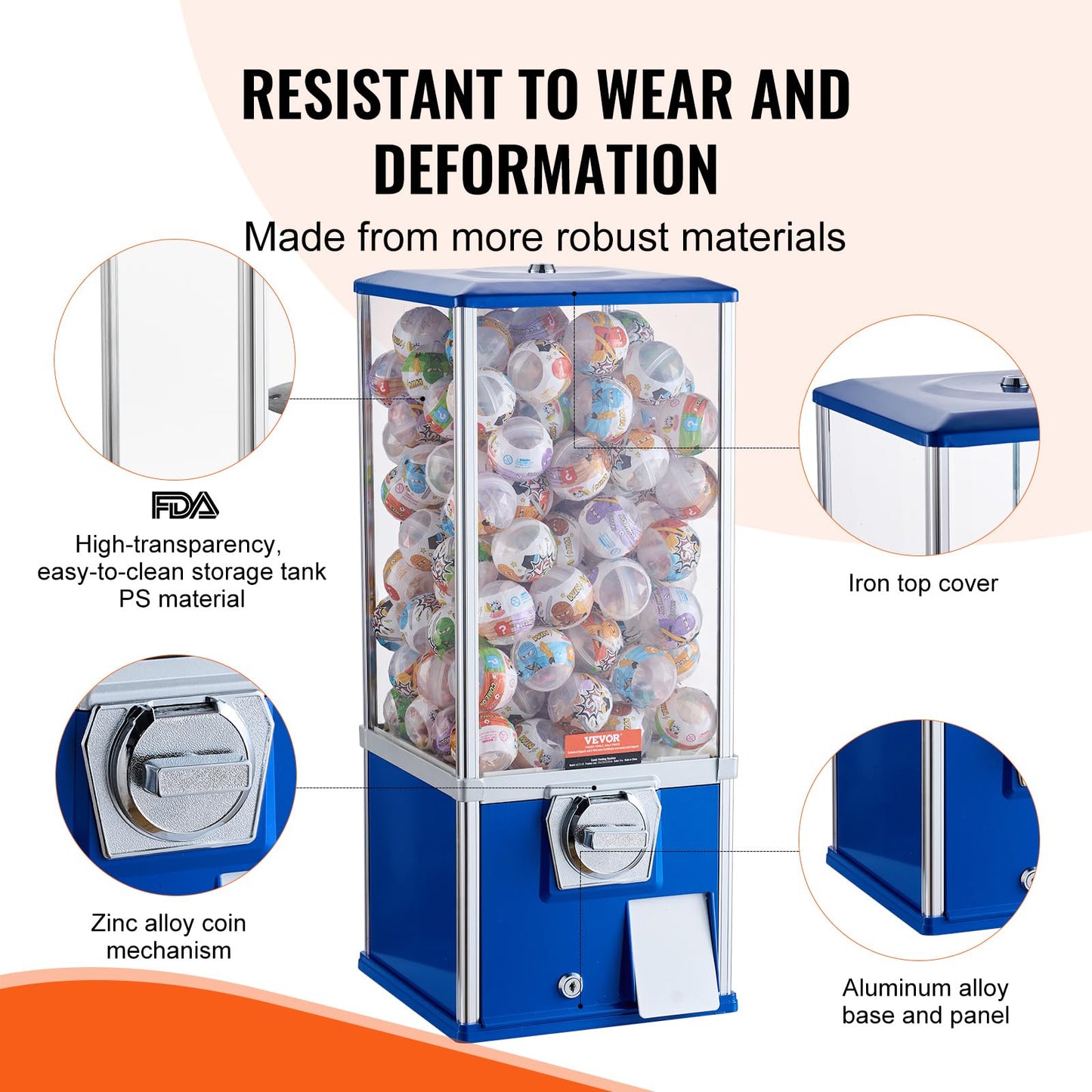 VEVOR Gumball Machine for Kids, 25" Height Home Vending Machine, PS Bouncy Balls Dispenser, Hold 230 Capsule Toys, Rectangle Bubble Gum Machine